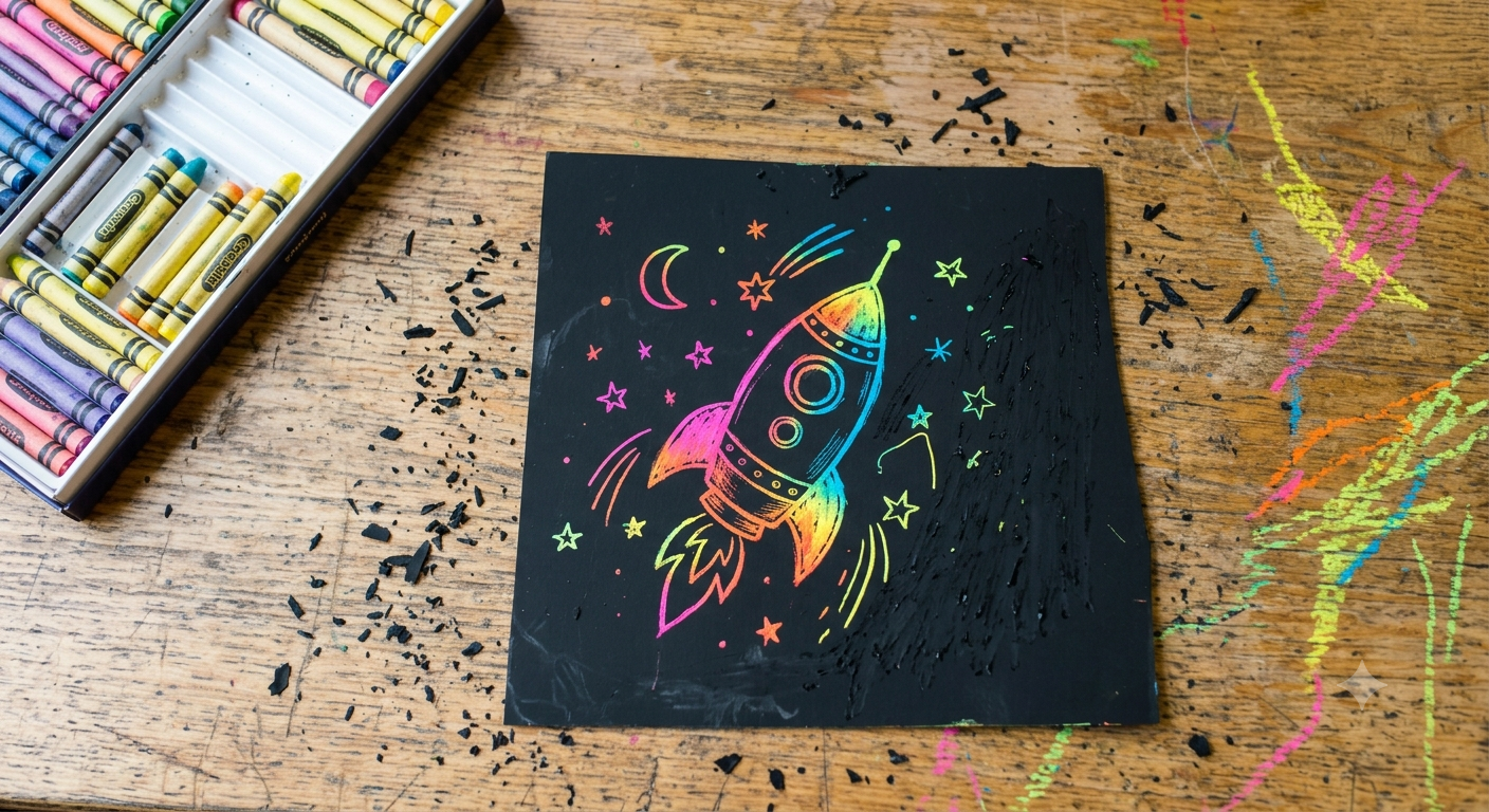 A scratch a rocket ship design into black paint, revealing bright rainbow crayon colors underneath.