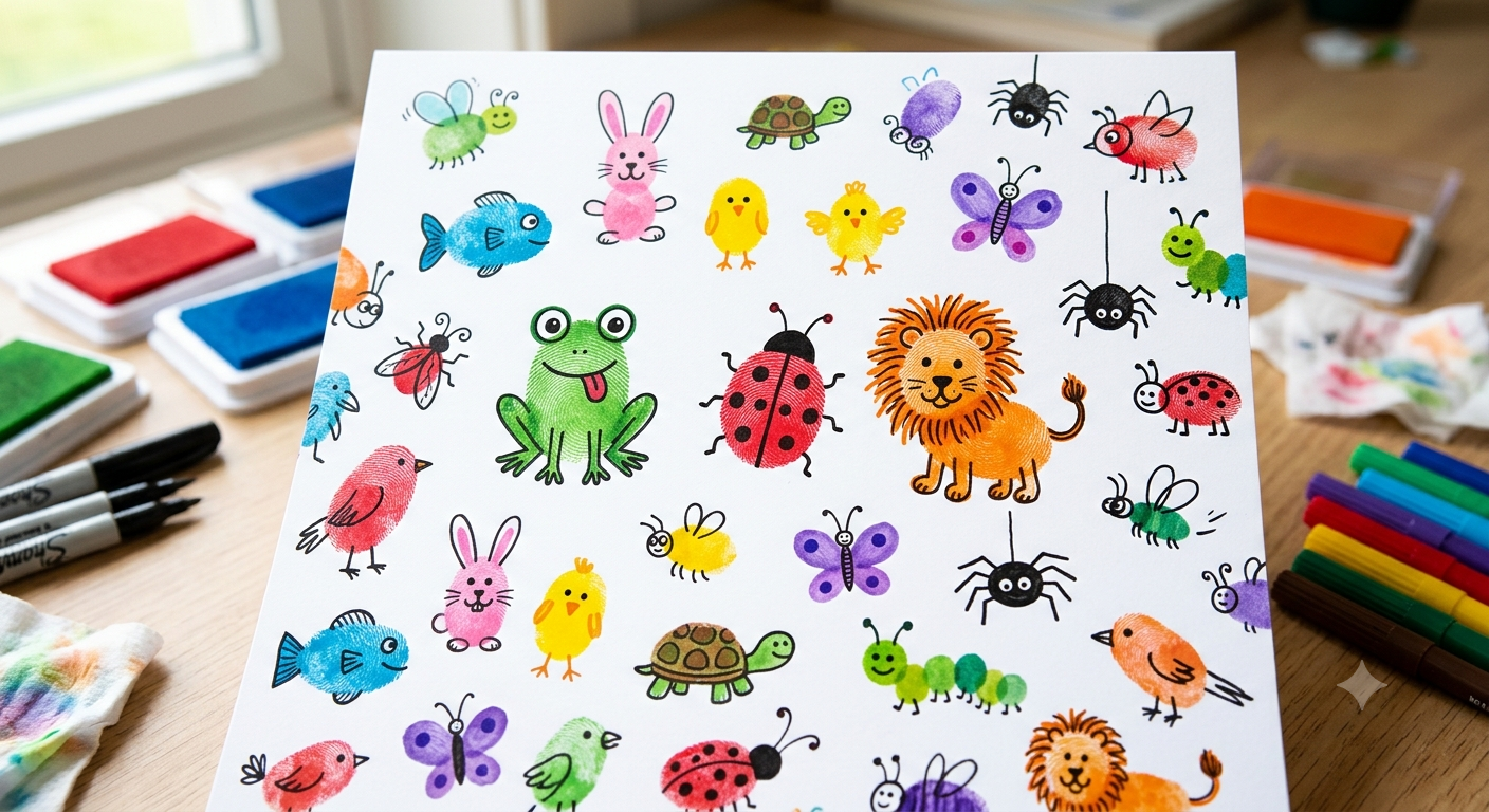 vibrant collection of children's fingerprint art featuring a thumbprint frog, ladybug, and lion, surrounded by colorful ink pads and fine-tip black markers on a wooden desk.