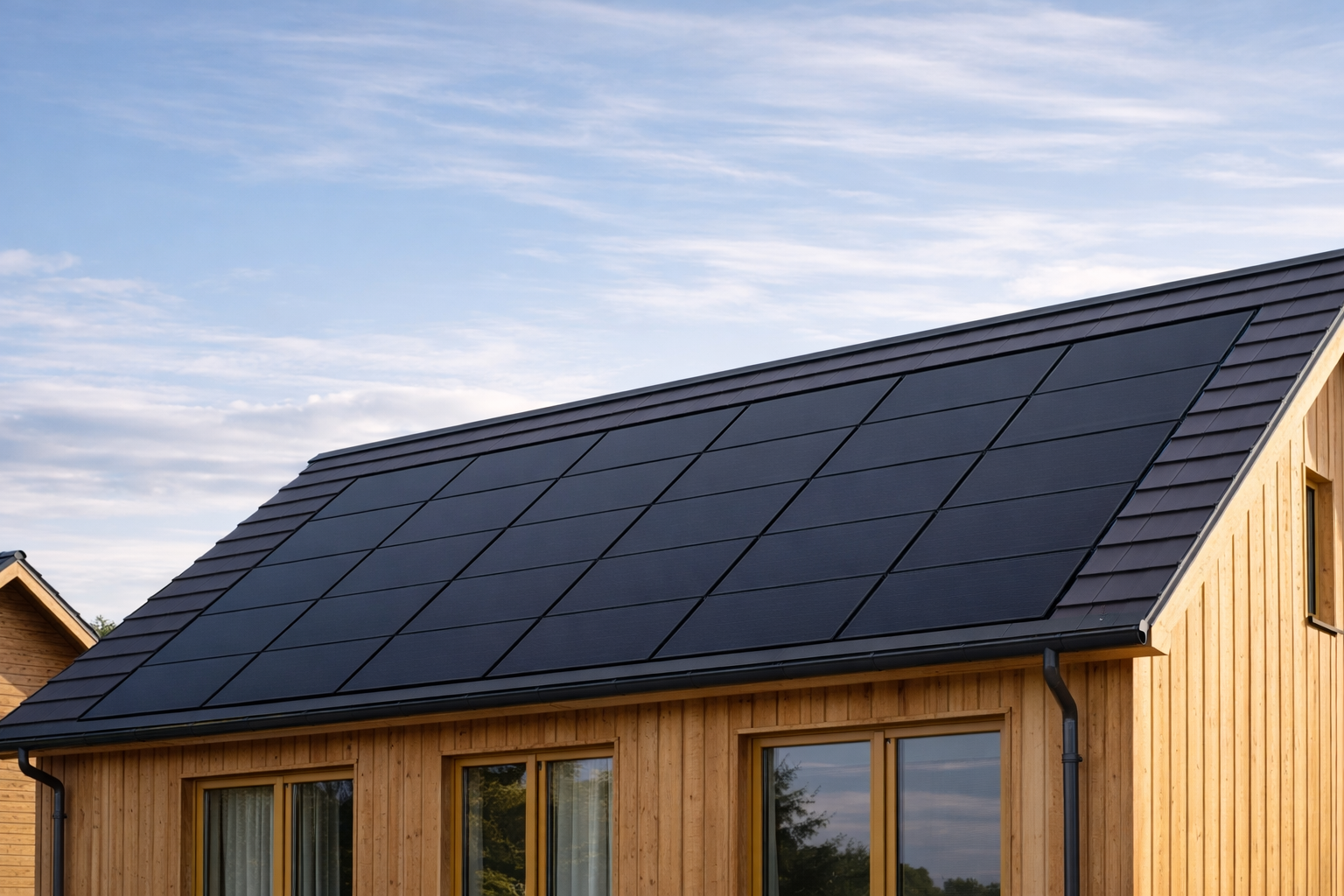 Holzhaus mit Solarpanelen auf dem Dach, bei Sonnenuntergang