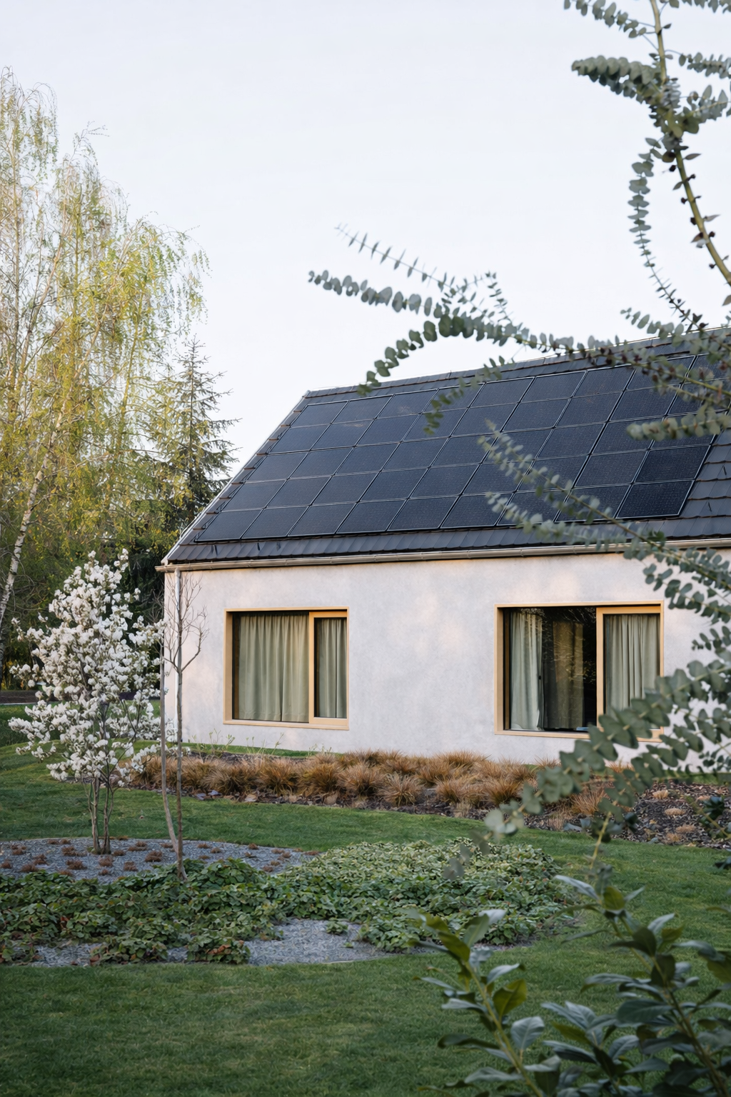 Ein modernisiertes Haus mit Solardach auf einem gepflegten Garten mit Bäumen und Sträuchern.