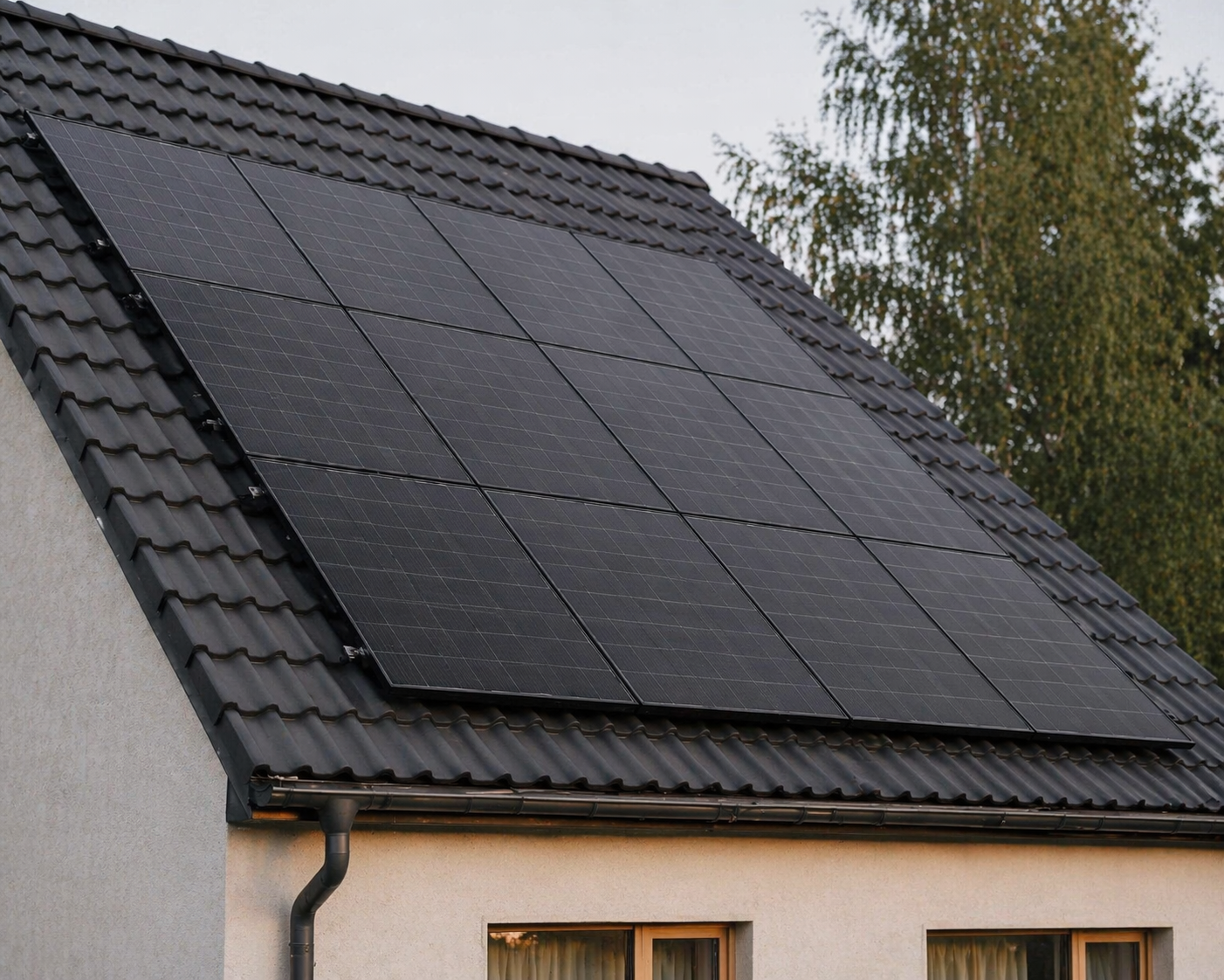 Dach eines Hauses mit installierten Solarzellen und einer Dachrinne.