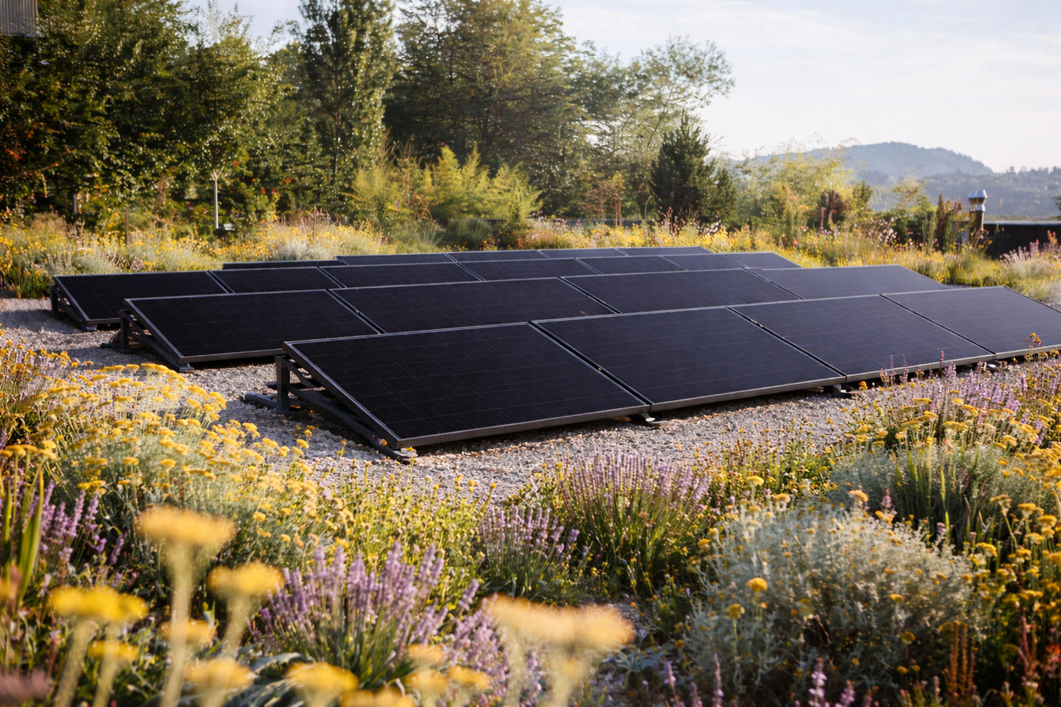 Solarzellen auf einer begrünten Fläche umgeben von bunten Blumen im Garten bei Sonnenlicht.