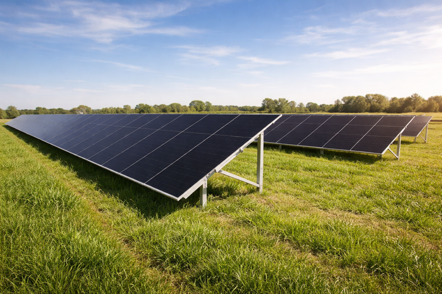 Solarpanel-Anlage auf einer grünen Wiese bei Sonnenschein