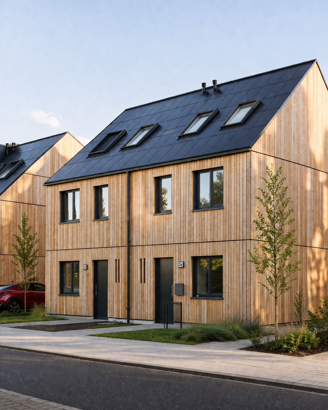 Moderne zweistöckige Häuser mit Holzfassade und schwarzen Dächern, kleine Bäume und eine Straße vor den Häusern, sonniger Tag.