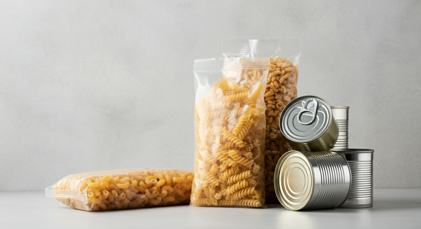 Assorted types of packaged pasta and canned foods on a light-colored surface against a plain background.