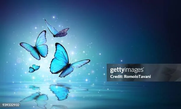 Blue butterflies flying over water with sparkles and a glowing background.