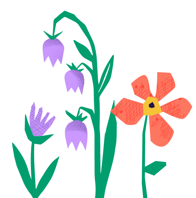 Illustration of purple and lavender bell-shaped flowers with green stems and leaves, and a large orange flower with a yellow center and dark accent on a black background.