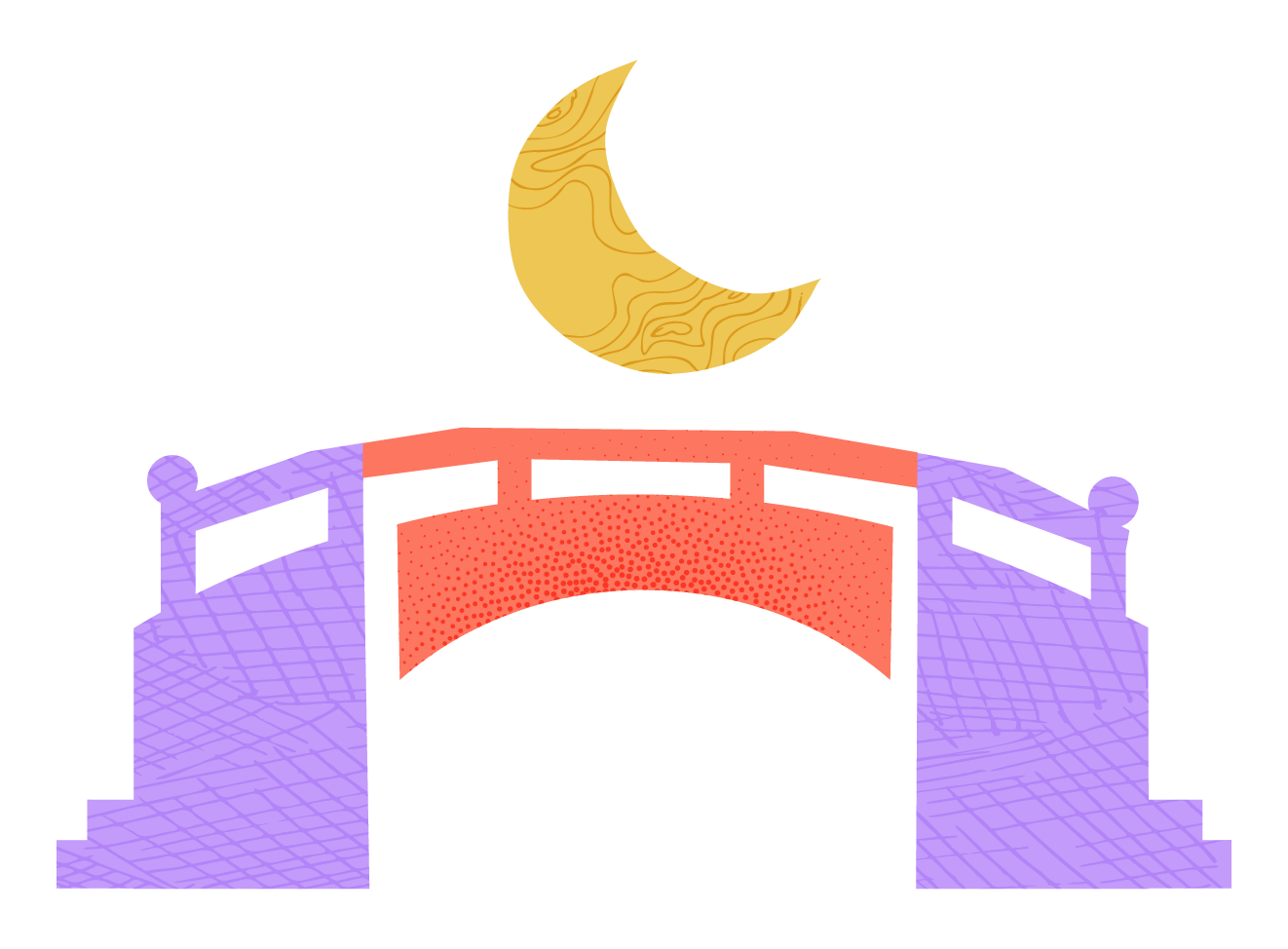 Illustration of a bridge with a moon above it in a night scene.