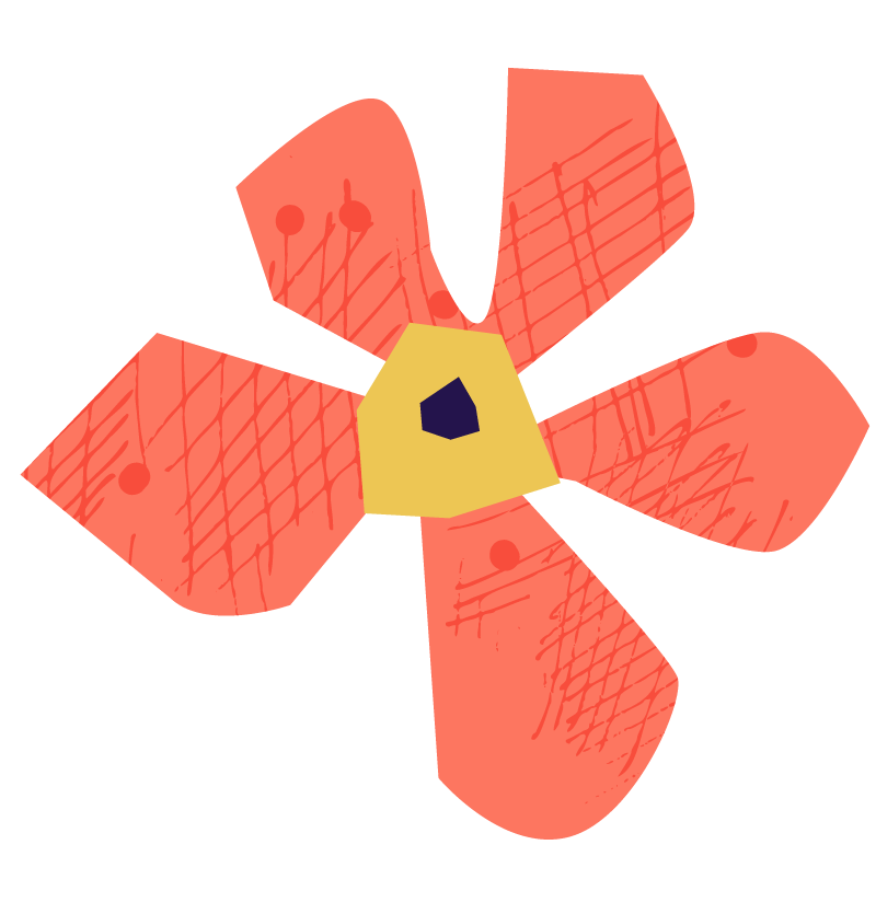 A stylized drawing of a flower with five pink textured petals, a yellow center, and a small dark shape in the middle.