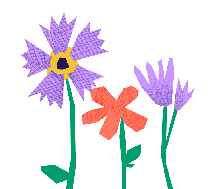 Digital drawing of three colorful, stylized flowers with purple, orange, and lavender petals and green stems against a black background.