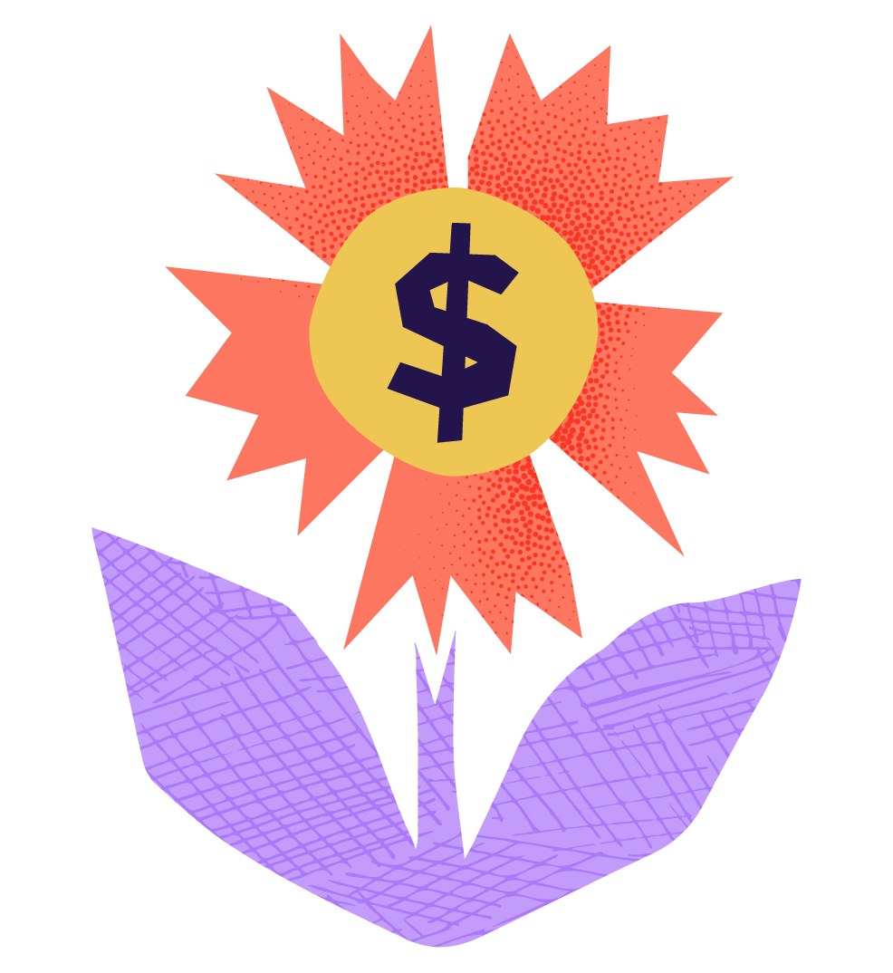 A stylized flower with purple leaves and a starburst orange and yellow center containing a dollar sign.