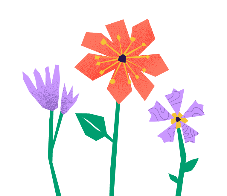 Stylized illustration of three flowers with purple and orange petals and green stems on a black background.