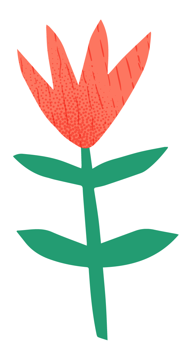 A stylized illustration of a red-orange flower with five petals and green leaves on a black background.