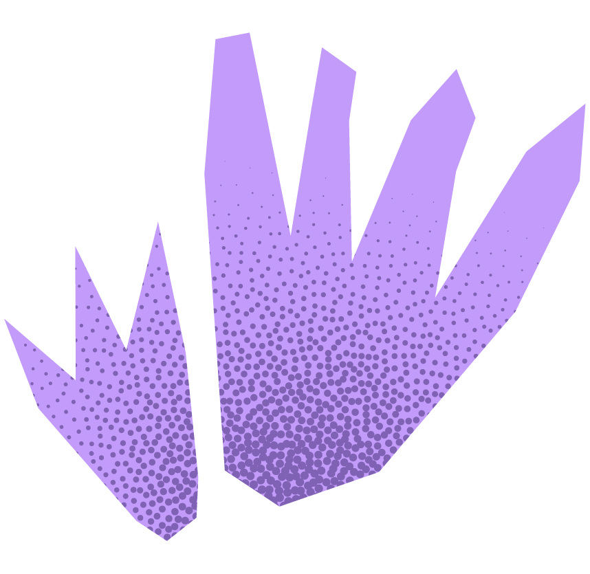 A stylized, purple, geometric hand illustration with pointed fingers and a dotted halftone pattern.