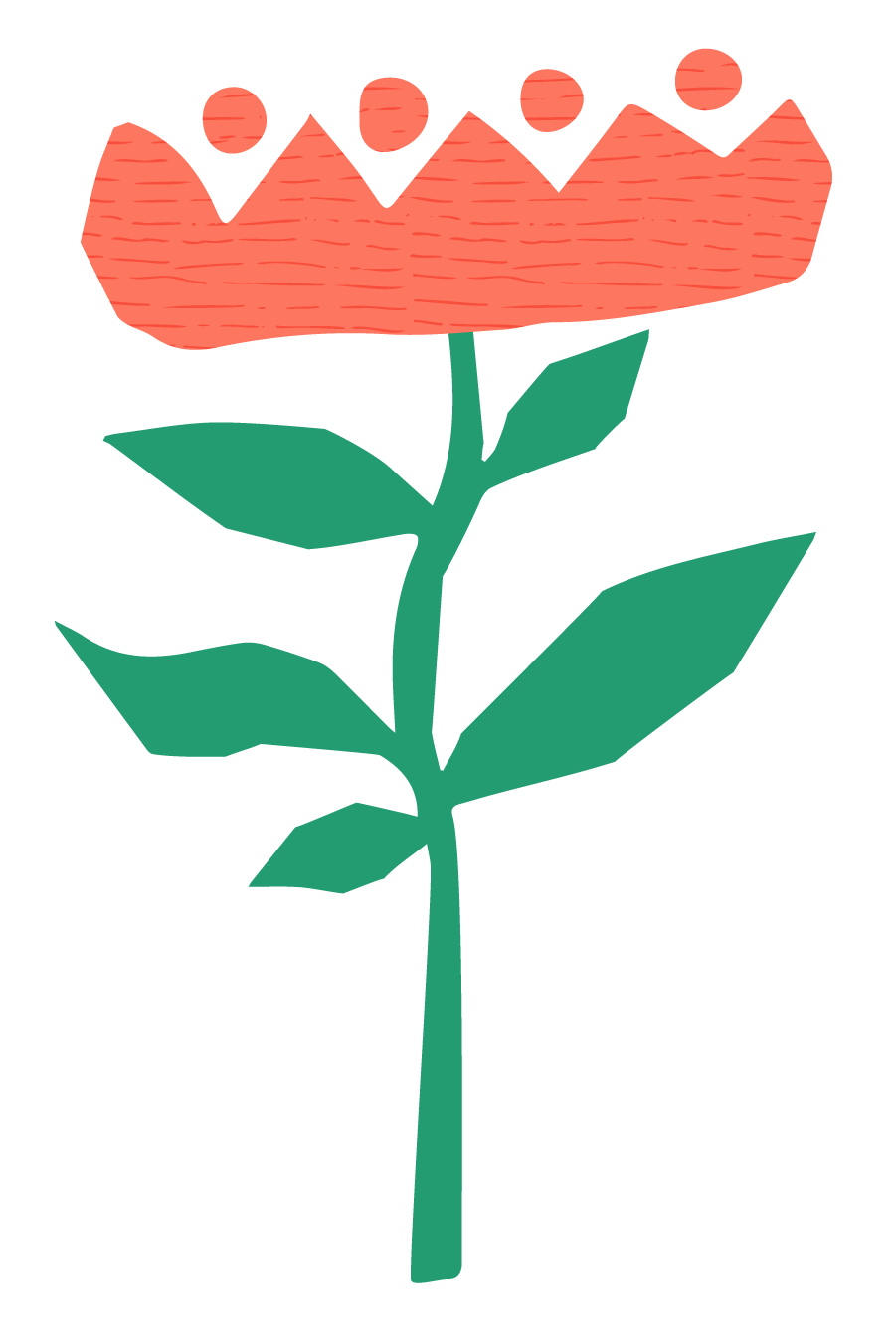A simple illustration of a pink flower with five petals and green leaves on a black background.
