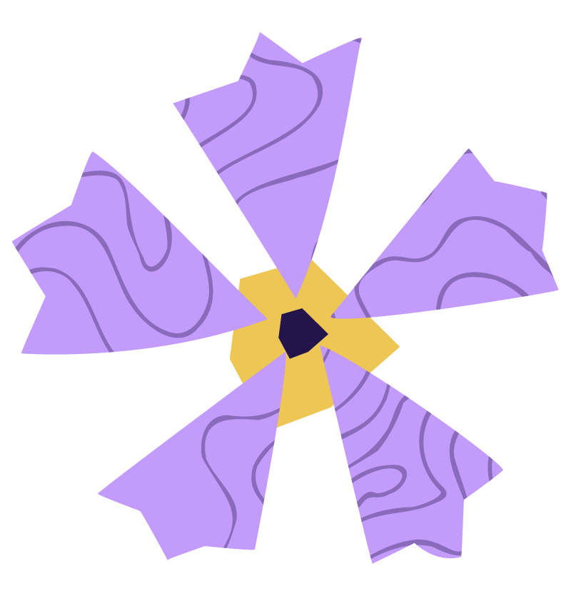 Abstract geometric design featuring a central hexagon with surrounding petal-like shapes in purple with black outlines and lines, and a yellow ring around the center.