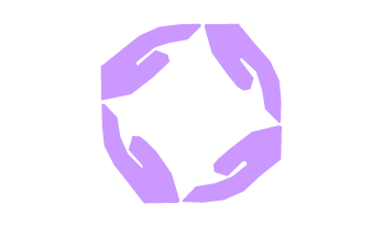 Six purple hands forming a circle against a black background