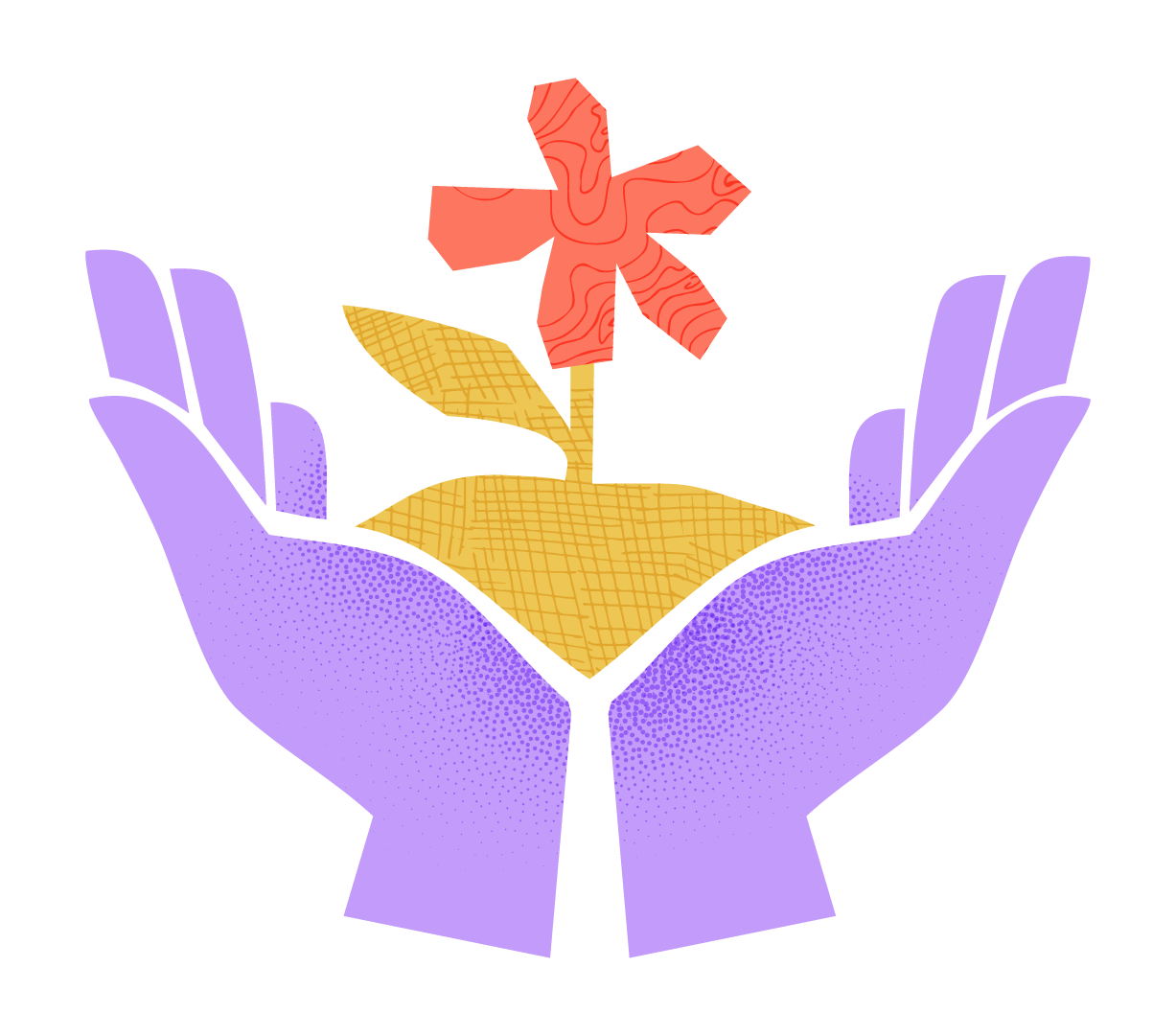 Illustration of two purple hands holding a patch of yellow ground with a red flower and green leaf in the center.