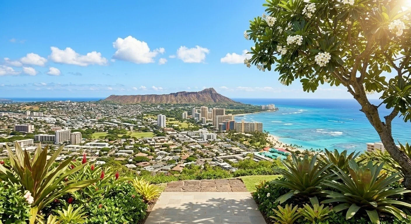 A scenic view of a coastal city with high-rise buildings, lush greenery, and a mountain in the background. The ocean is visible with waves and a sandy beach. A tree with white flowers is in the foreground, and the sky is blue with fluffy white clouds.