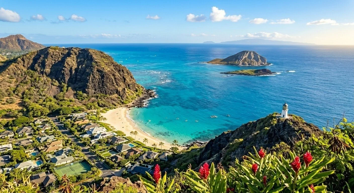 A panoramic view of a sunny coastal area with a beach, surrounded by rocky hills, residential homes, a lighthouse on a hill, lush greenery, and boats on the turquoise water, with clouds in the sky.