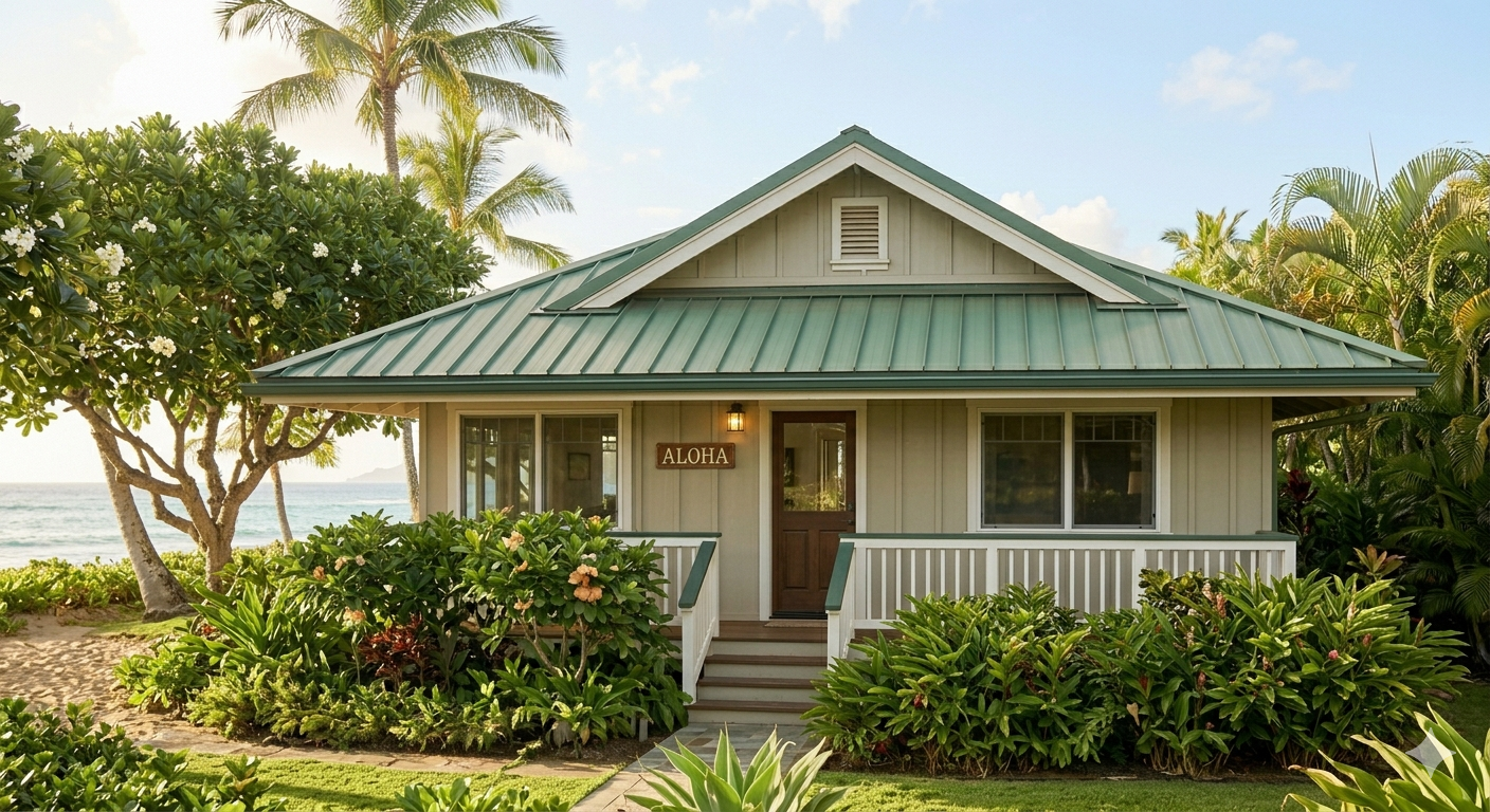 A small house with a metal green roof, beige wooden siding, and a front porch surrounded by lush tropical plants in a beach setting. An 'ALOHA' sign hangs near the door, with the ocean visible in the background.