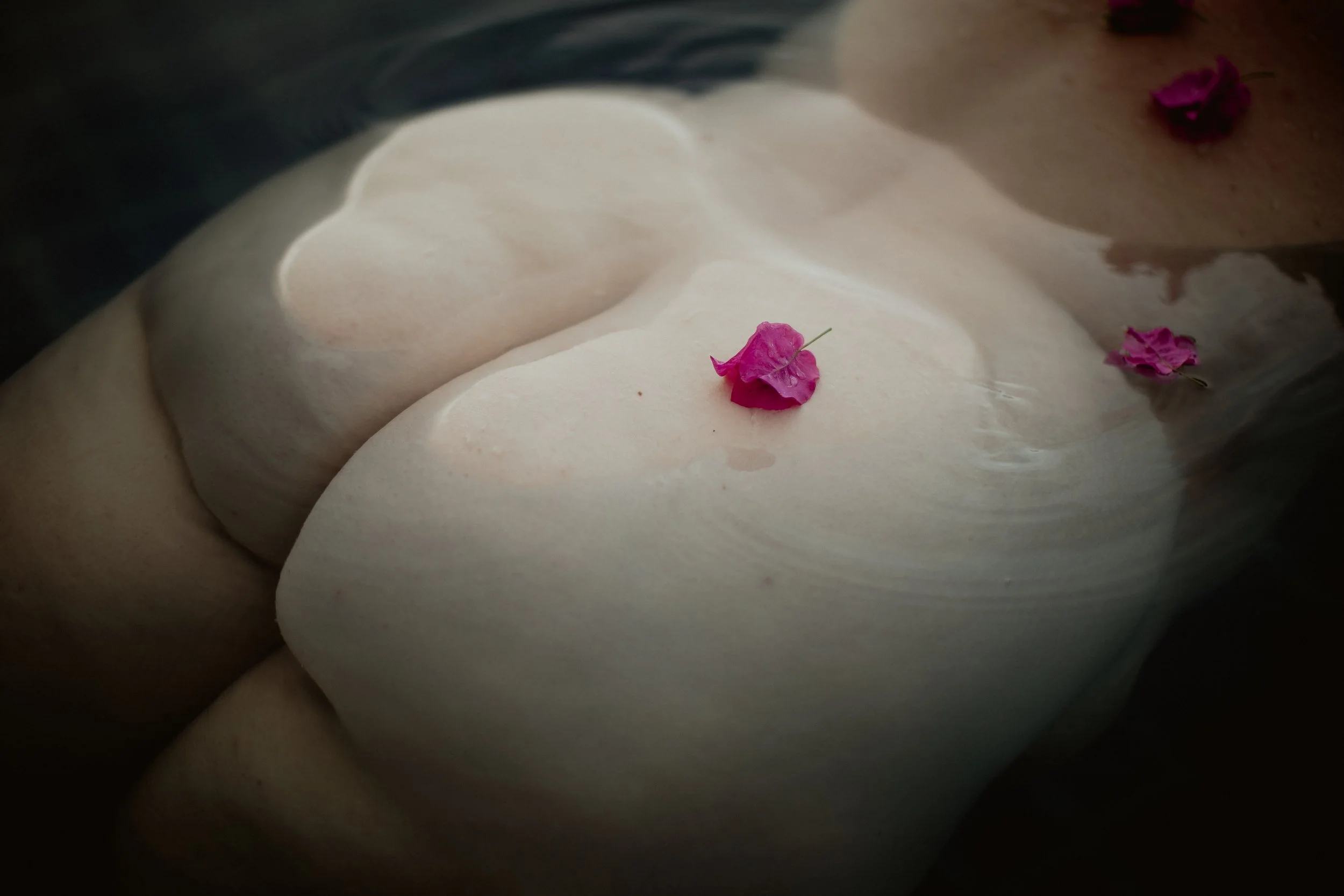 Close-up of a white, creamy facial mask with small pink flower petals on top.