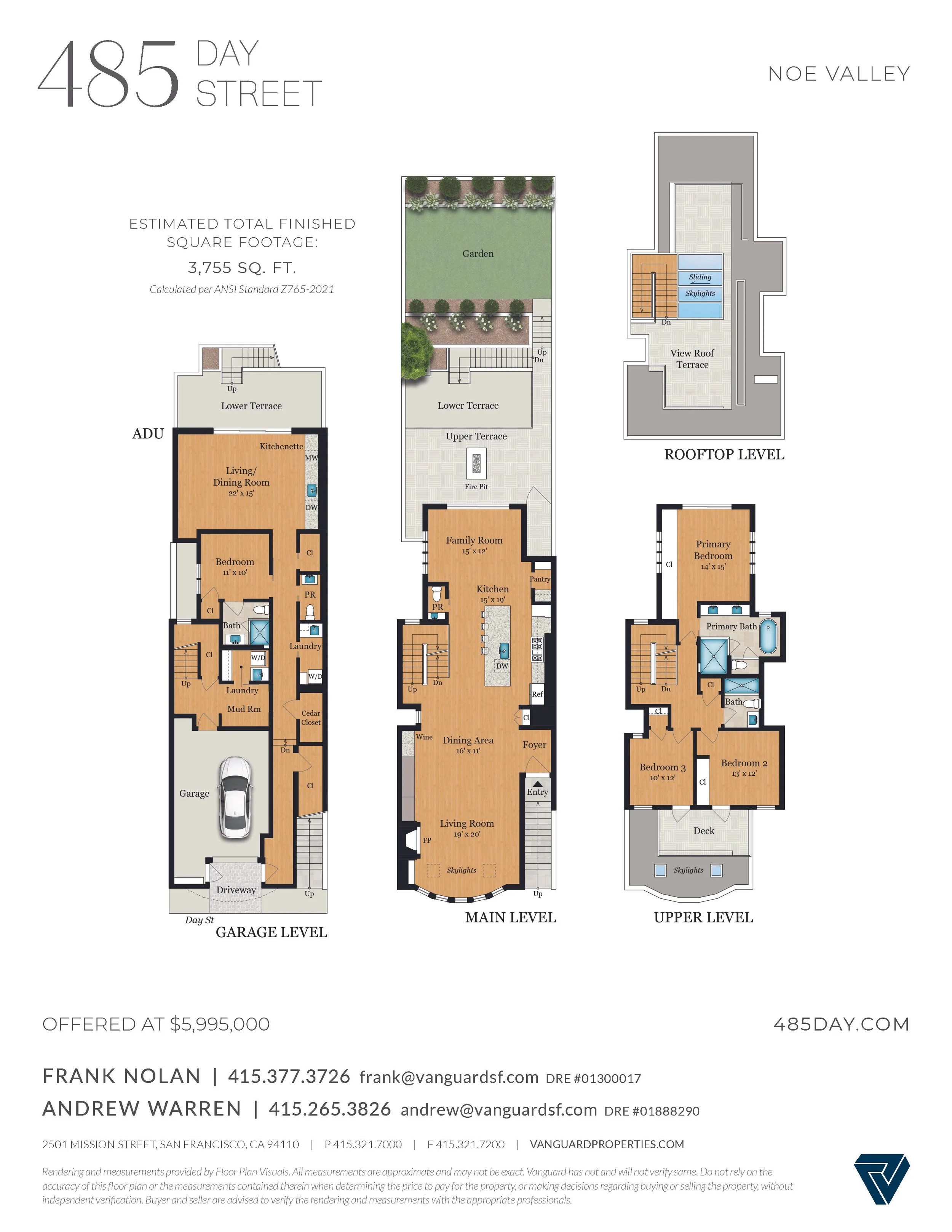 Floor plan of a house showing garage, main, and upper levels with rooms, terraces, garden, rooftop, and various features labeled.