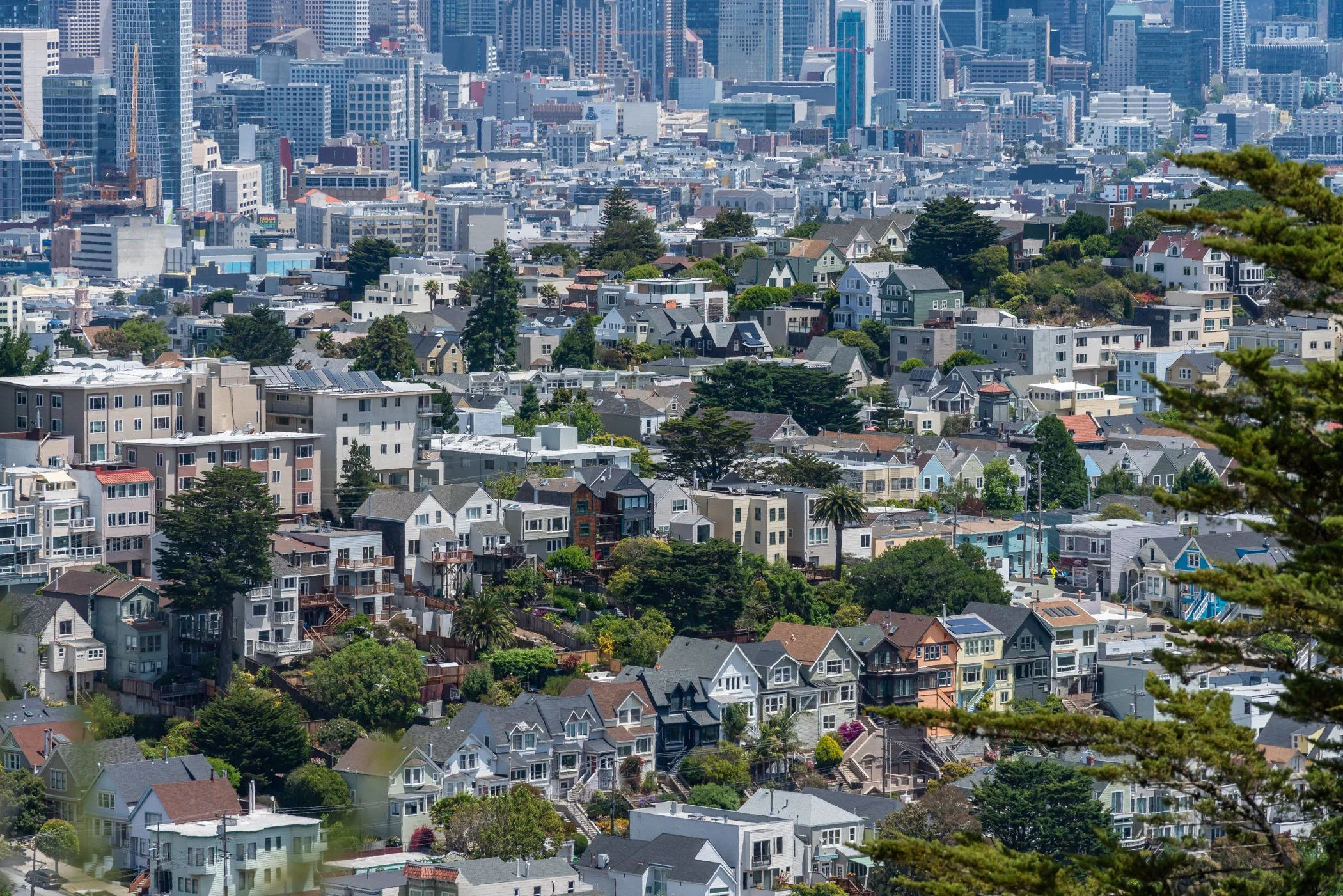 A cityscape showing a mix of residential houses in the foreground and tall commercial buildings in the background, with some trees and greenery interspersed.
