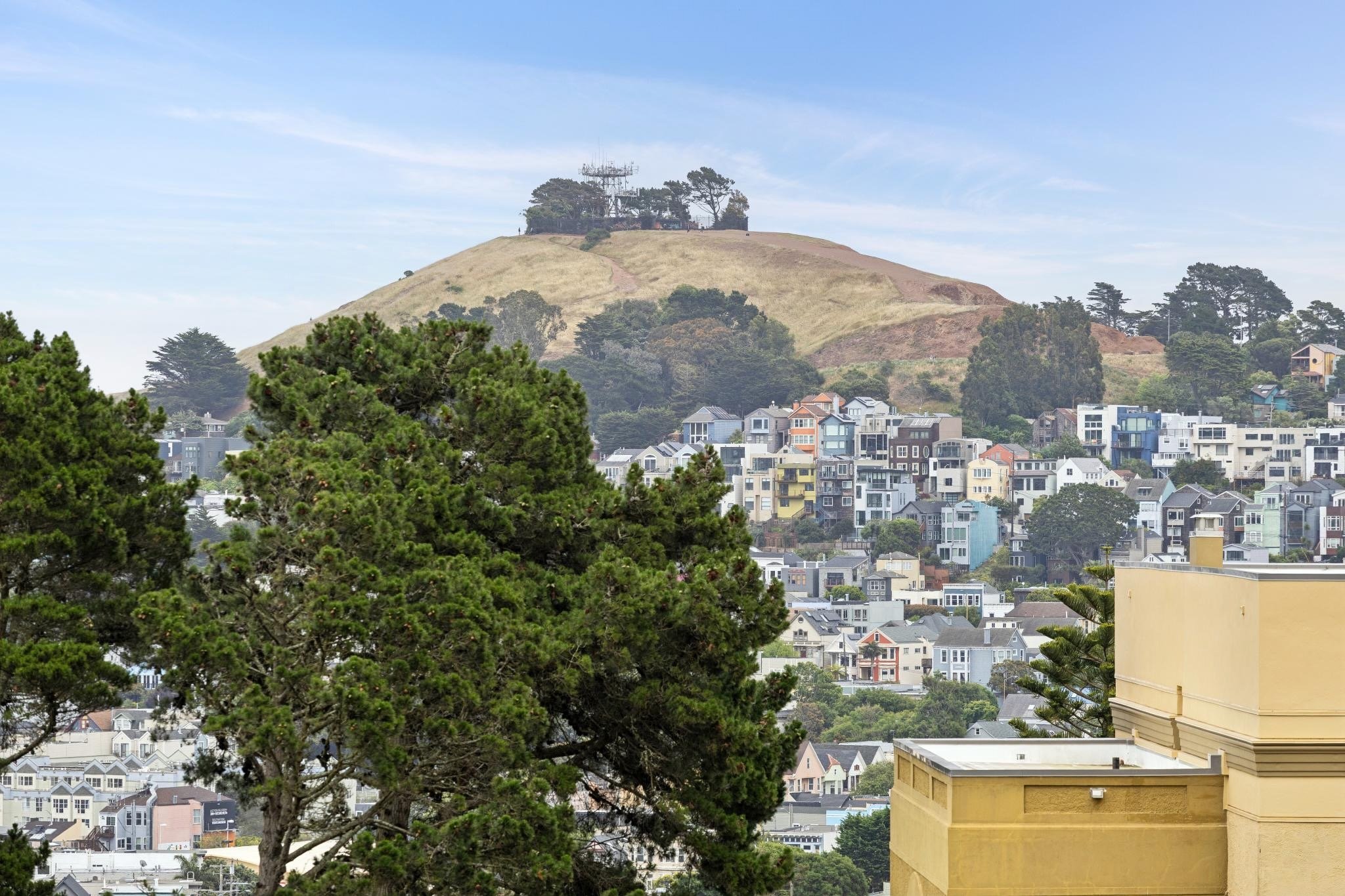 A hill with a mix of grassy and bare patches, topped with trees and a communication tower, overlooking a neighborhood of colorful houses and trees in a city setting.