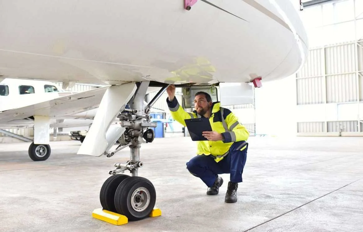 An aircraft mechanic inspecting the landing gear of an airplane inside a hangar, holding a clipboard.