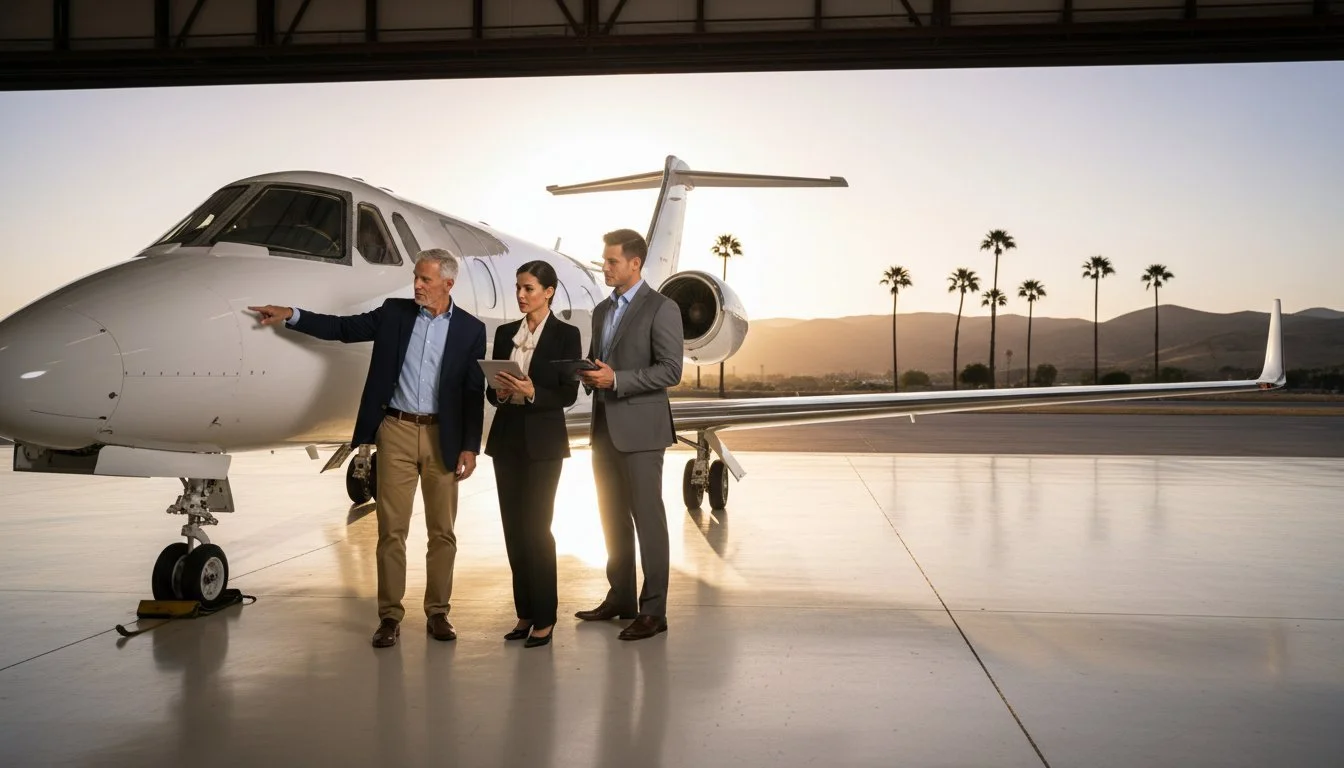Three business professionals standing on airport tarmac near private jet during sunset, discussing and looking at documents.