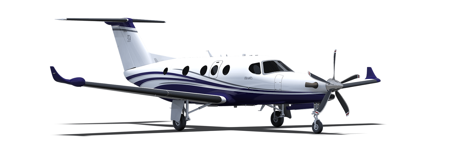 A small white and blue propeller airplane on the ground.