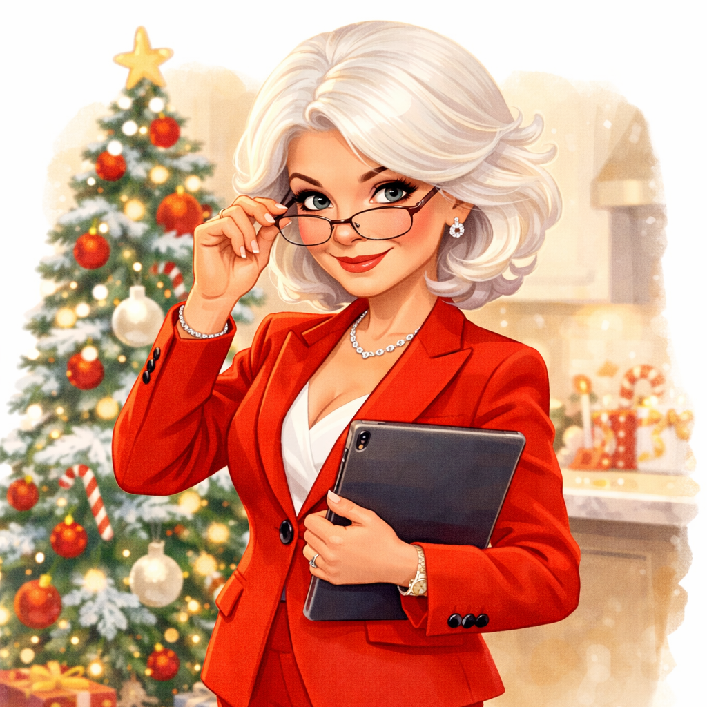 A woman with gray hair and glasses holding a tablet, wearing a red blazer, standing in front of a decorated Christmas tree with ornaments and a star on top.