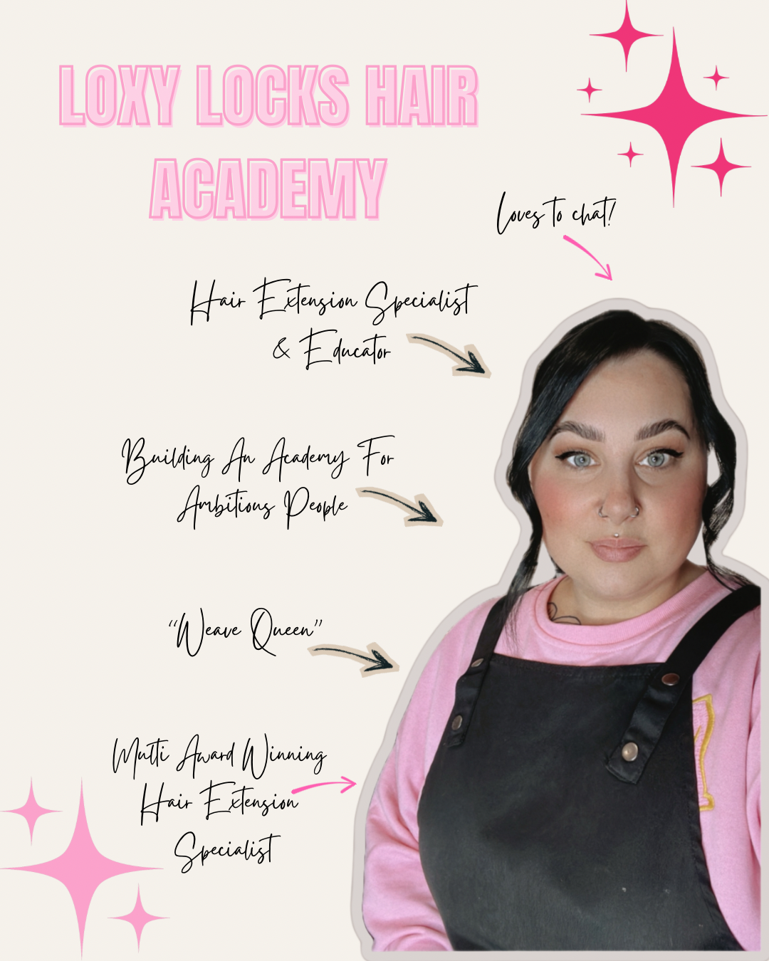 Digital advertisement for Loxy Locks Hair Academy featuring a woman with dark hair and blue eyes, wearing a pink shirt and black apron. Text highlights her as a hair extension specialist, educator, and 'Leave Queen,' with pink stars and handwritten s