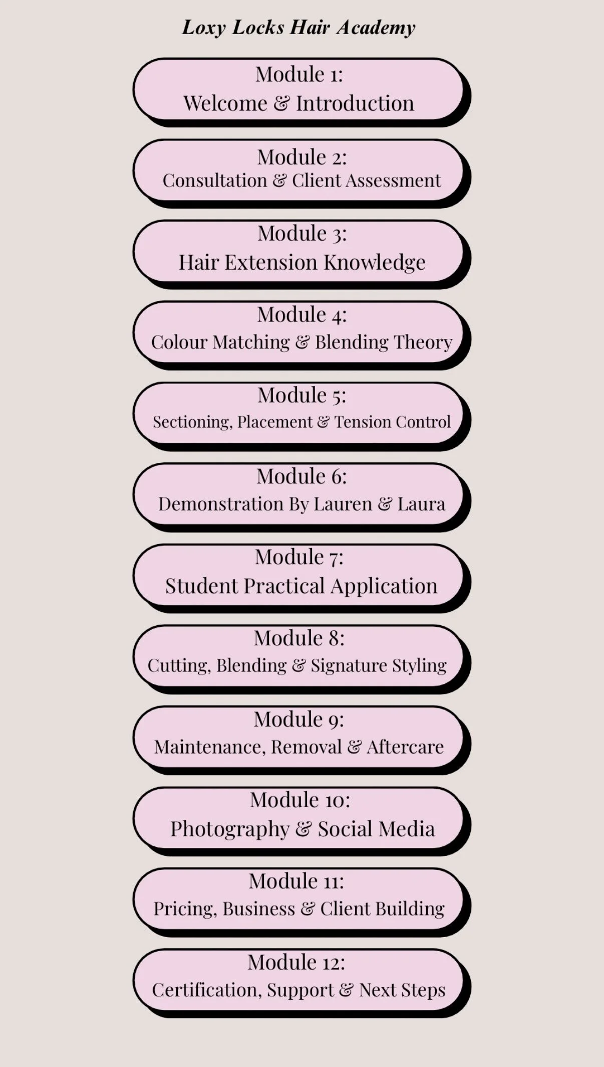 Graphic outlining a hair academy's training modules, titled 'Loxy Locks Hair Academy', with eleven modules listed including topics like consultation, hair extension knowledge, color matching, cutting, and business building.