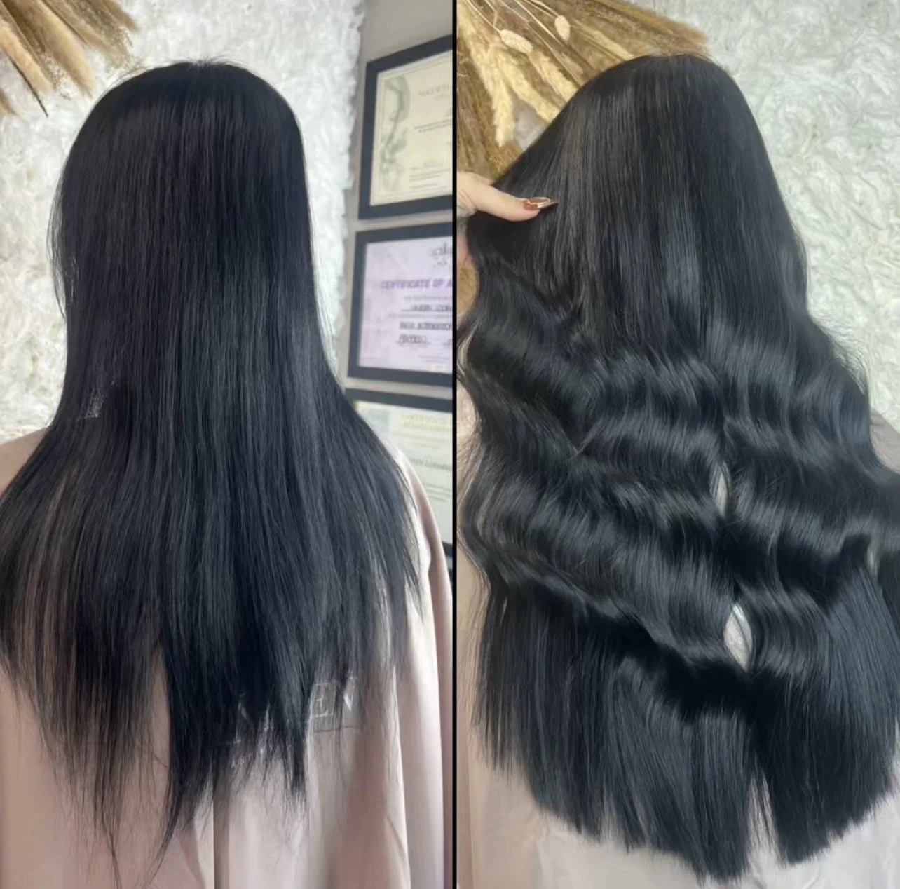 Side-by-side comparison of a woman's black hair before and after meshes integration system. Loxy Locks Hair Academy