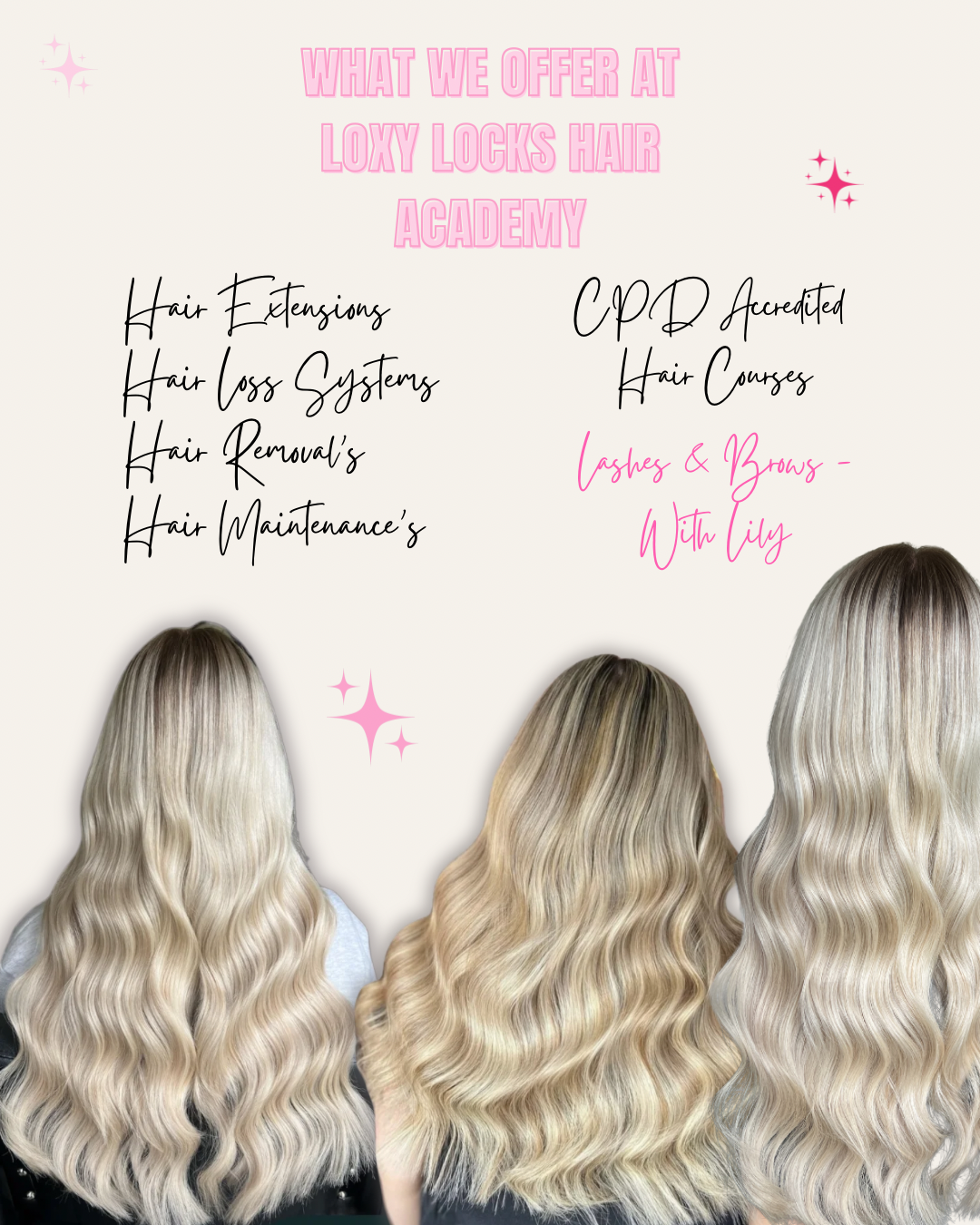 Poster for Loxy Locks Hair Academy featuring three women with long, wavy blonde hair. The poster lists services including hair extensions, hair loss systems, hair removals, and hair maintenance, with additional courses accredited by CPD. The text emp