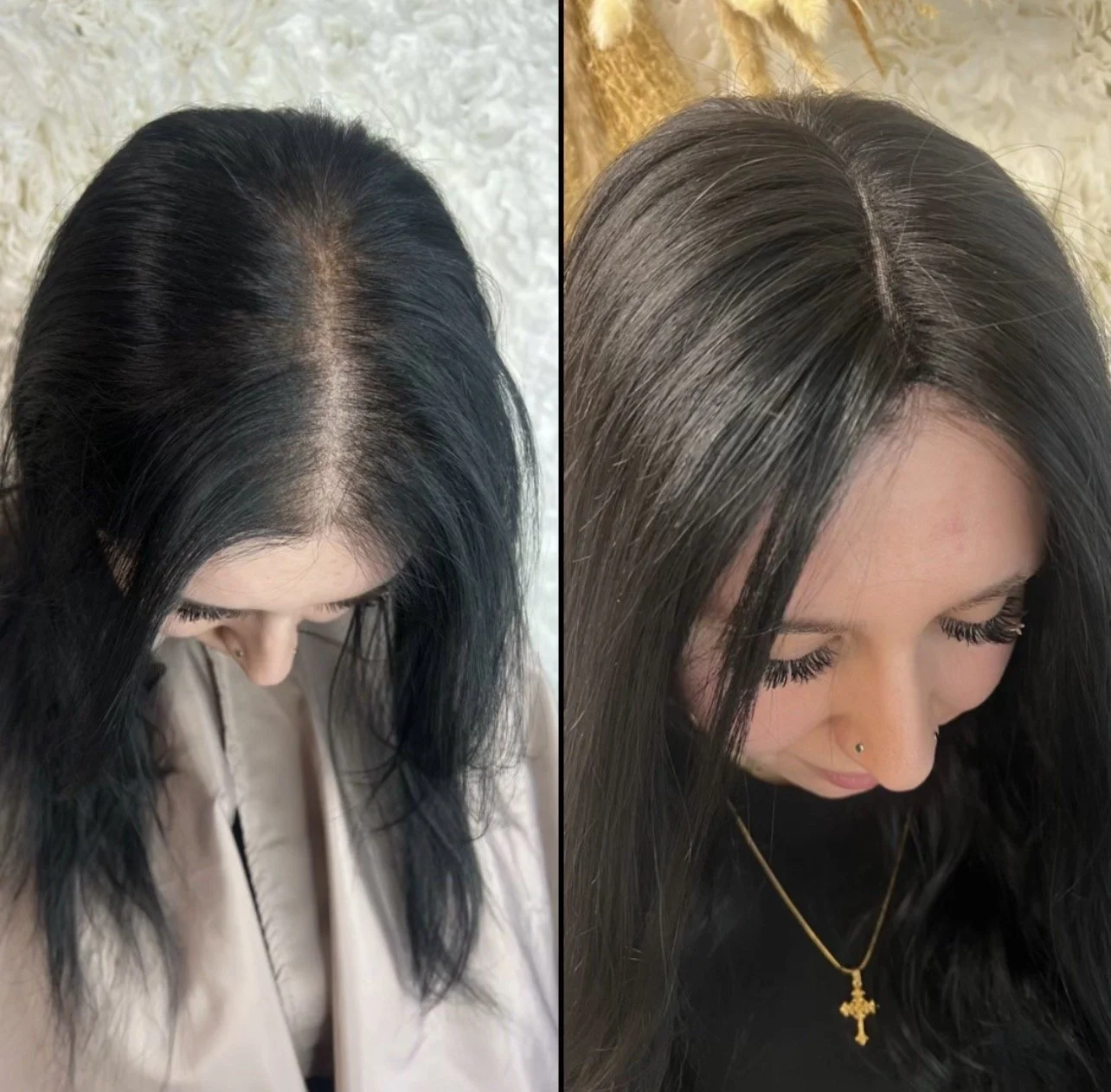 Side-by-side comparison of the before/after meshes integration system. By Laura at Loxy Locks Hair Academy