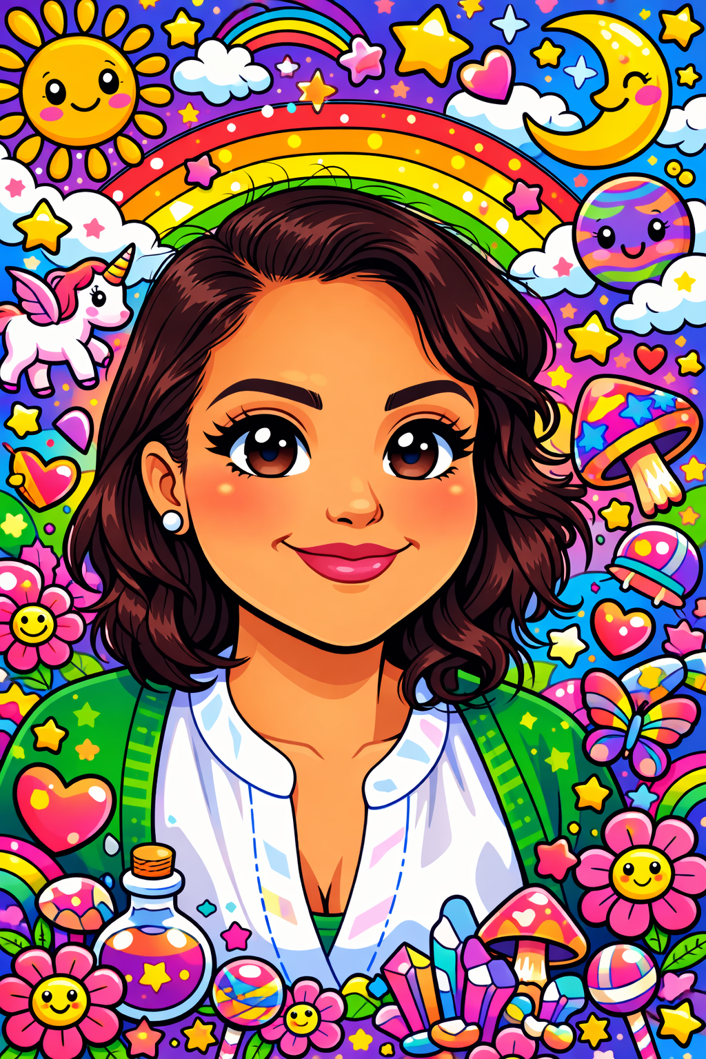 Colorful cartoon illustration of Cruzsilla Gutierrez, surrounded by vibrant rainbow, sun, moon, stars, clouds, unicorn, butterflies, flowers, hearts, mushrooms, and potion bottles on a bright, whimsical background.