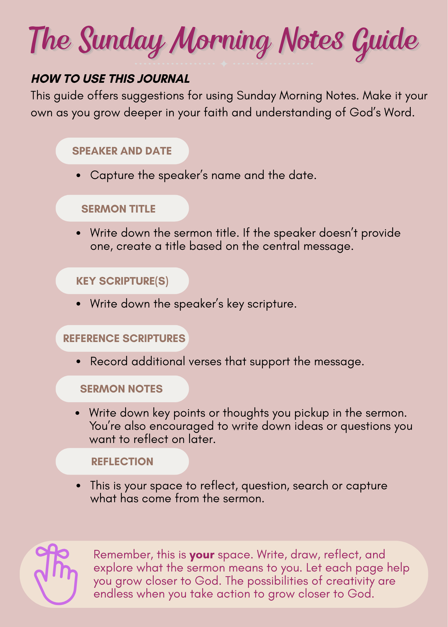 'The Sunday Morning Notes Guide' with instructions on how to use a journal for faith reflection, including sections for speaker and date, sermon title, key scripture, reference scriptures, sermon notes, reflection, and a concluding message about personal growth in faith.