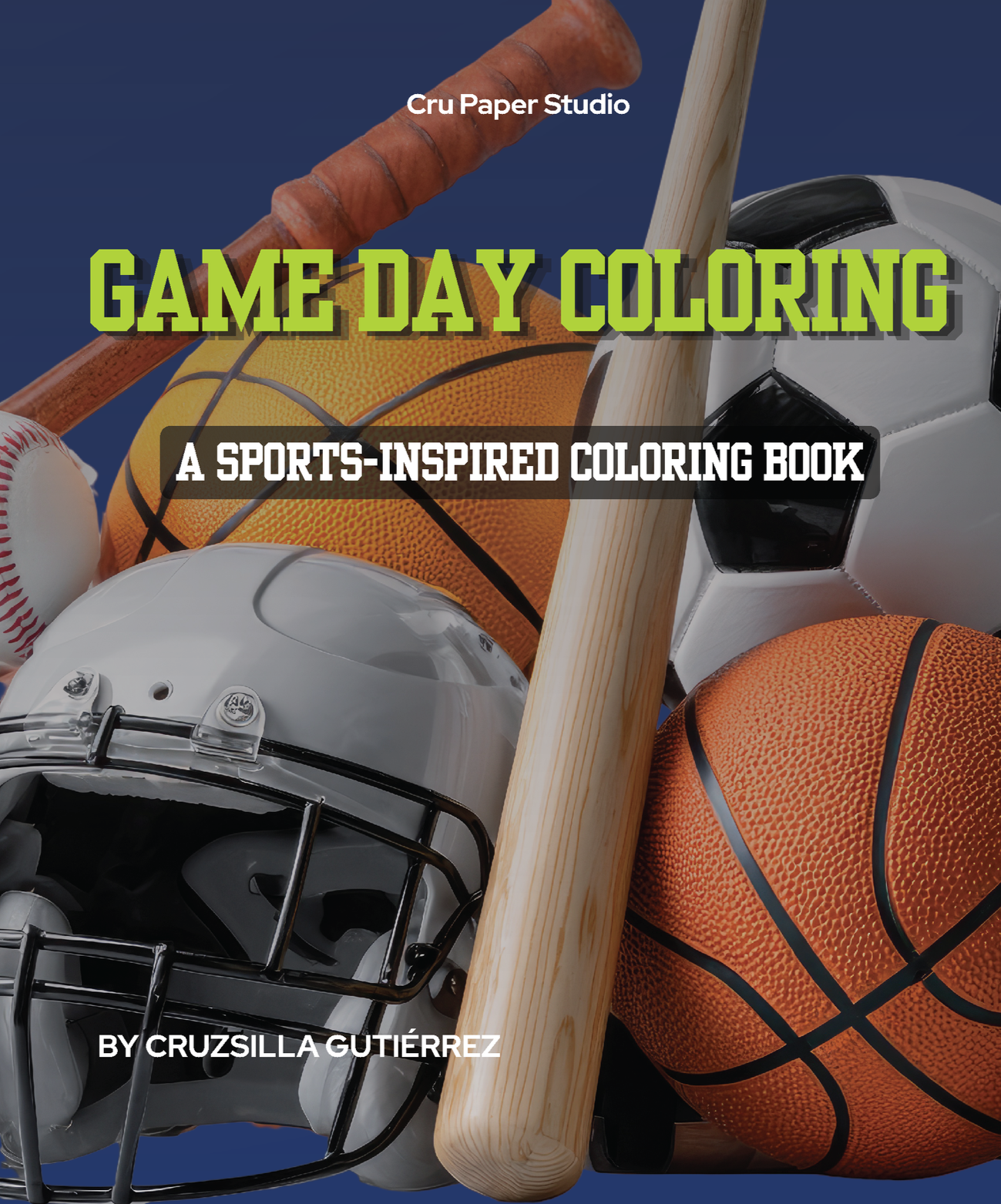 Sports-themed coloring book cover featuring a football helmet, basketballs, baseball, and a baseball bat
