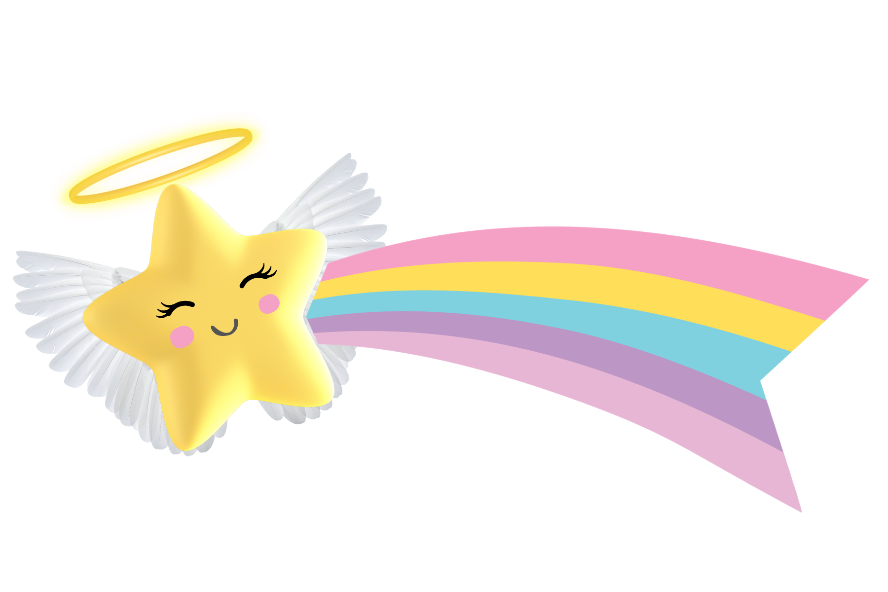 A cheerful yellow star with a halo and angel wings flying over a rainbow with pastel colors. The logo for Cru Paper Studios.