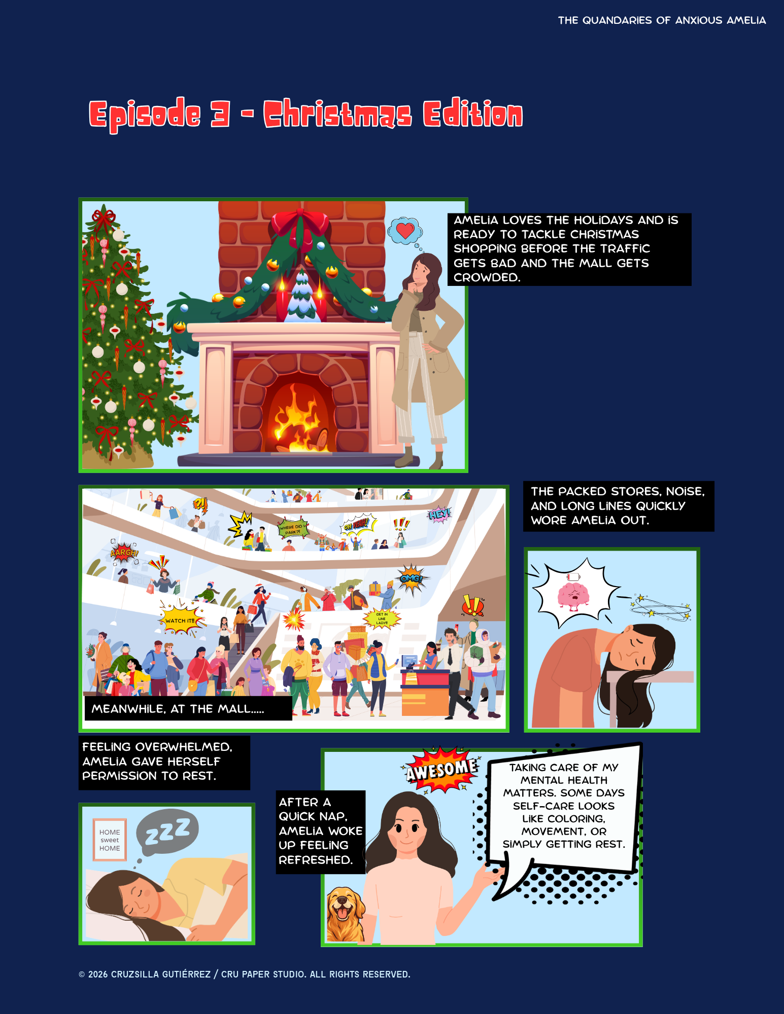 Comic strip depicting a woman named Amelia experiencing holiday stress at the mall and engaging in self-care activities like resting and getting a quick nap.