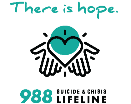 A logo featuring a heart with wings, accompanied by the text 'There is hope,' and a helpline number '988' for suicide and crisis support, with the words 'Suicide & Crisis Lifeline' below.