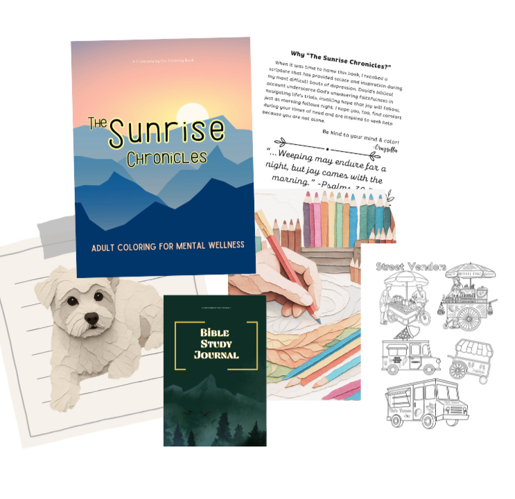 Collection of adult coloring books, a dog illustration, a Bible study journal, and coloring pages featuring street vendors and various vehicles.