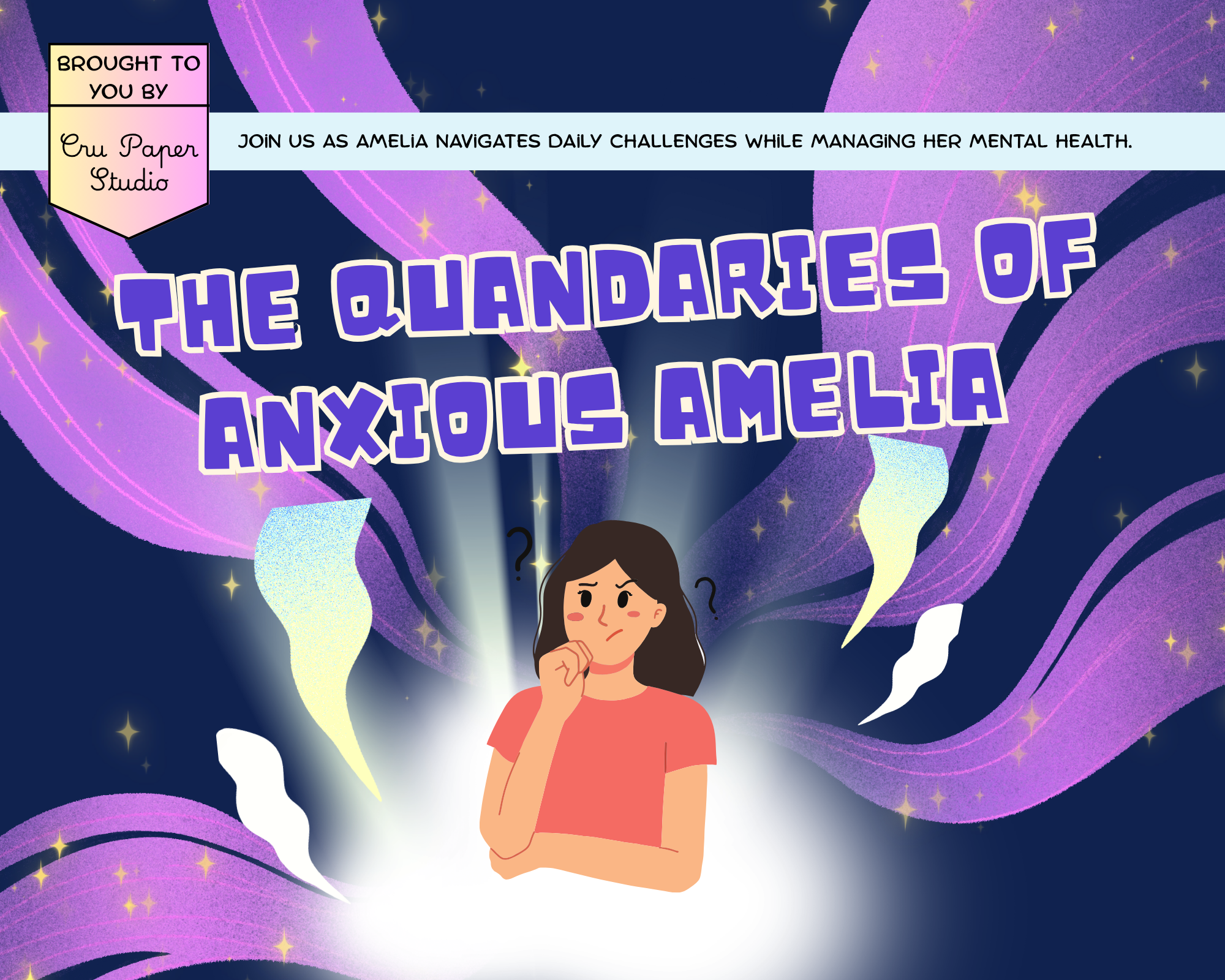 An illustrated woman with dark brown hair in a ponytail, wearing a pink shirt, appears to be uncertain or thinking, standing in front of a colorful, starry, cosmic background with swirling purple and blue patterns and a large star-shaped shape.