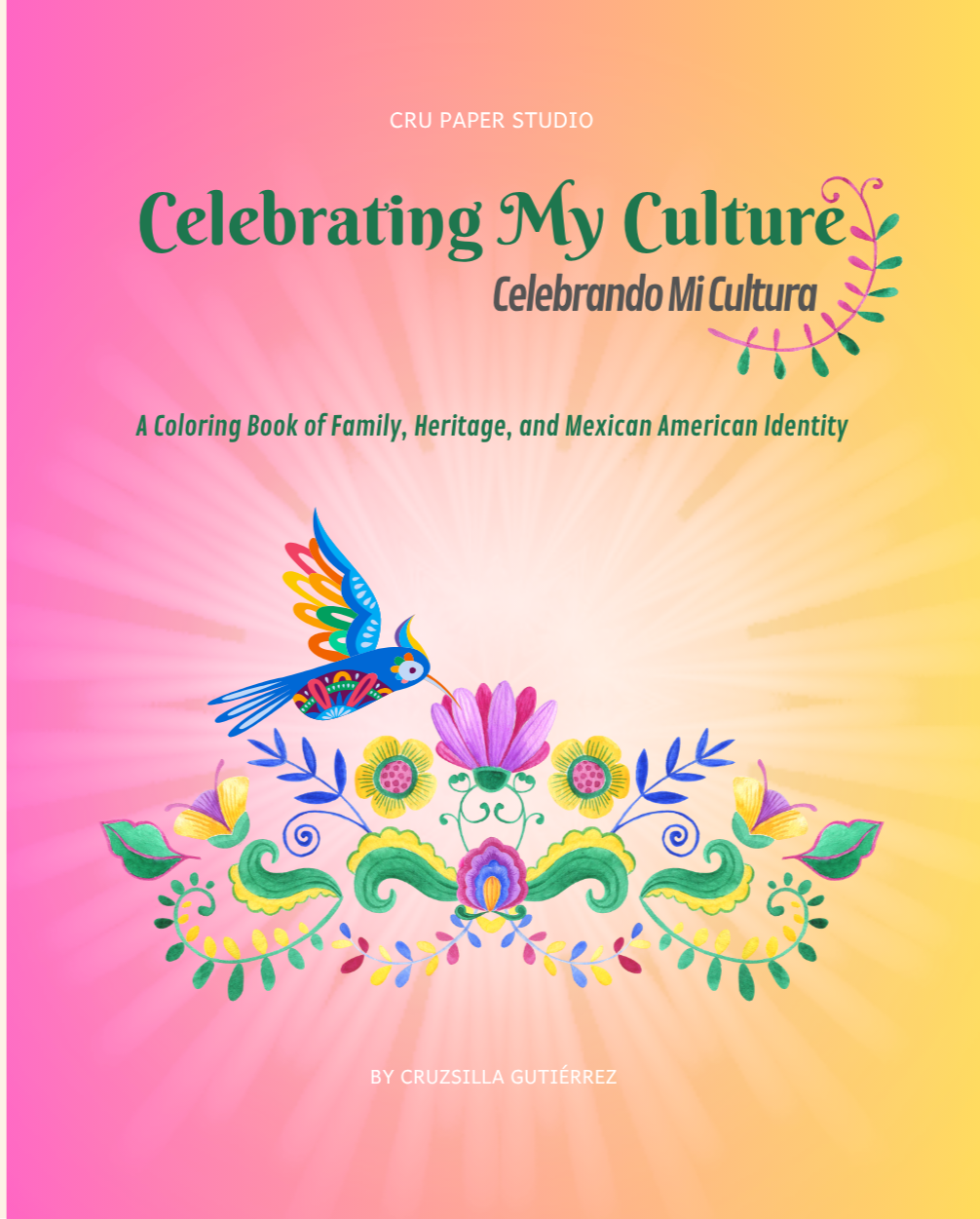 Book cover titled "Celebrating My Culture" with colorful floral and bird illustrations on a pink and yellow background.