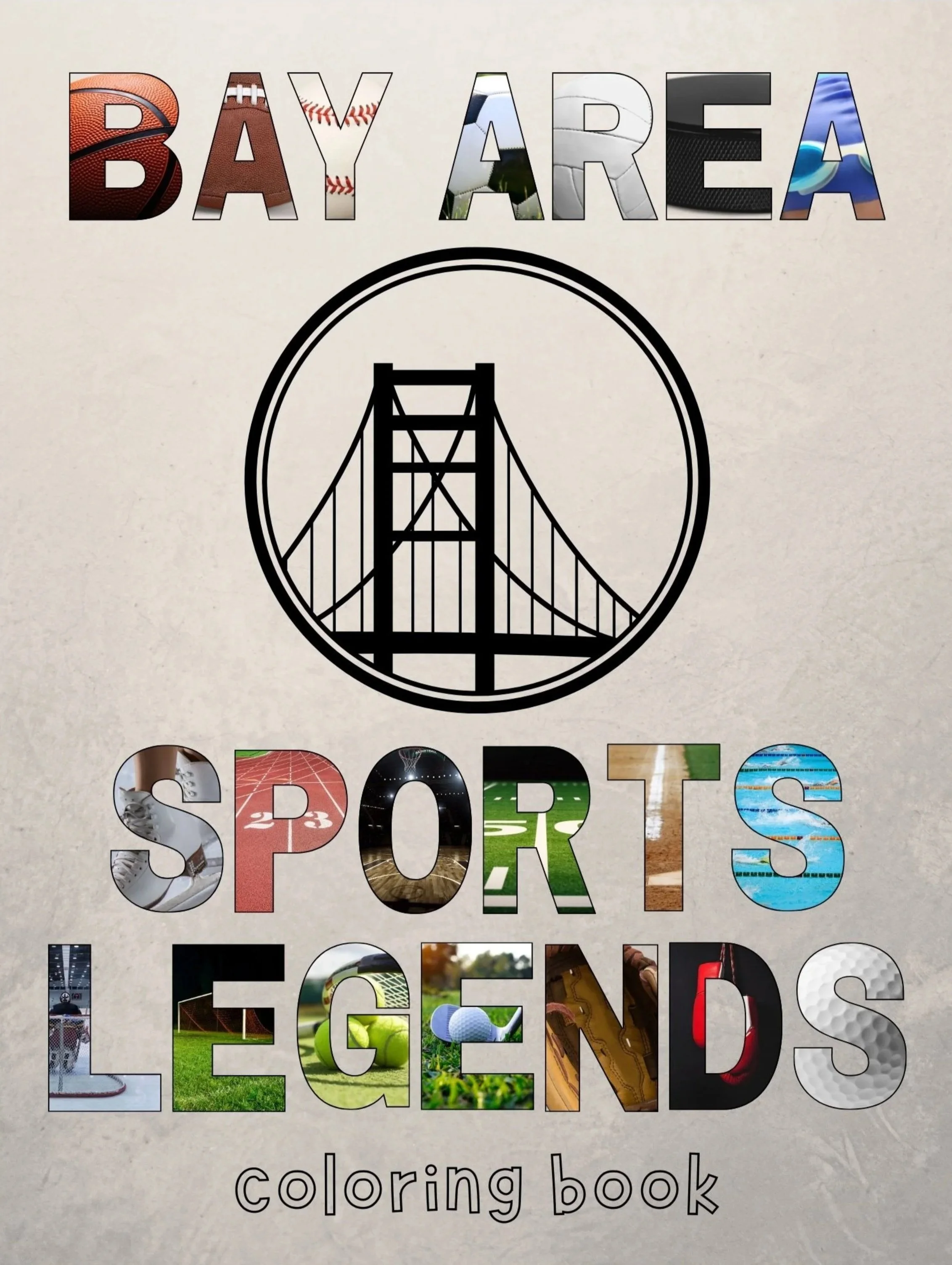 Coloring book titled 'Bay Area Sports' with cutouts of various sports images.