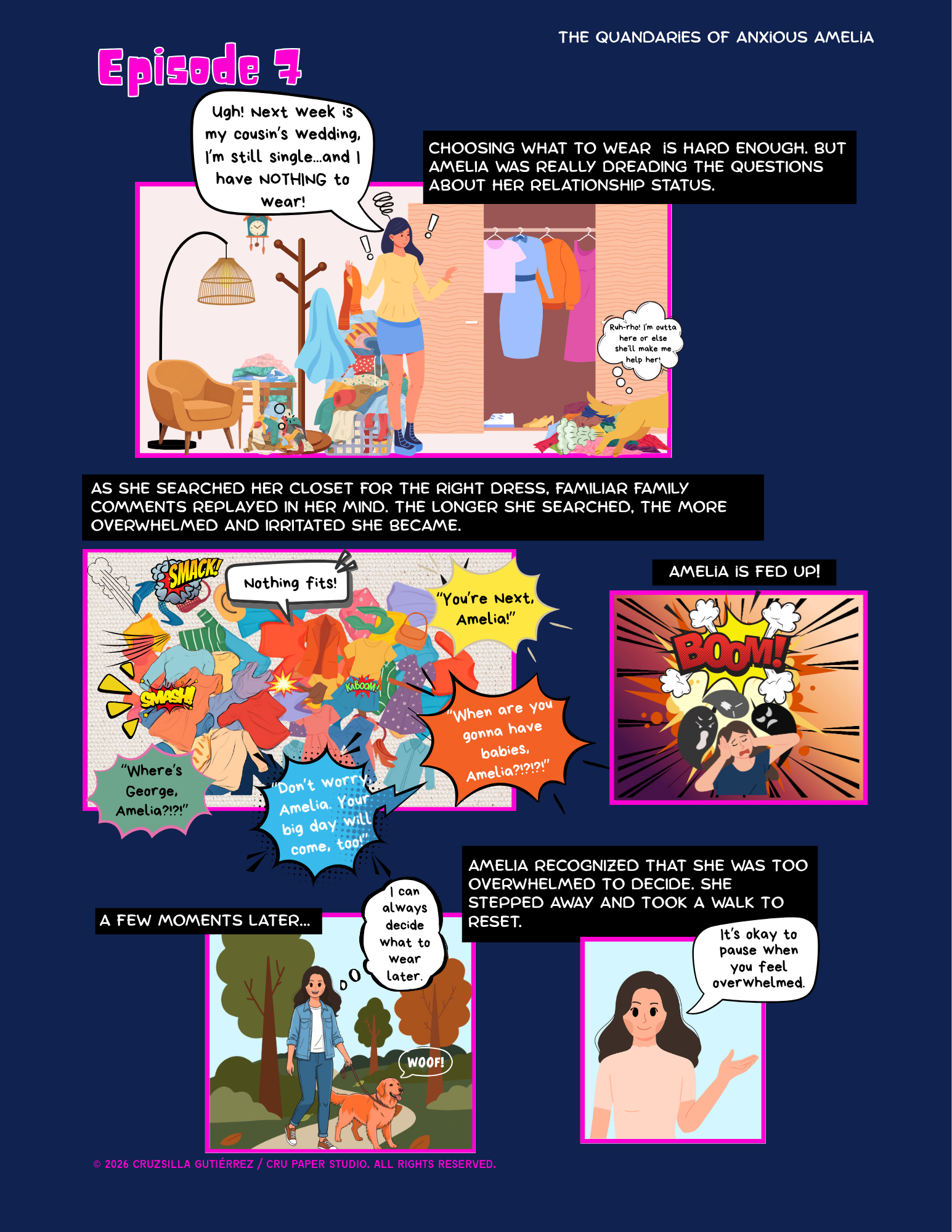 Comic strip titled 'The Quandaries of Anxious Amelia', episode 7. Features Amelia searching her closet for a dress, feeling overwhelmed by family comments, and experiencing a panic attack. She takes a walk outside with her dog to calm down.
