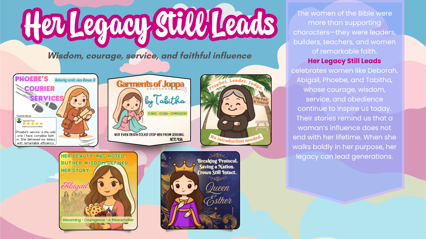 Graphic about women of the Bible and their leadership legacy, featuring illustrations of women from biblical stories, with text highlighting their wisdom, courage, and influence, including Phoebe, Tabitha, Deborah, Abigail, and Queen Esther.